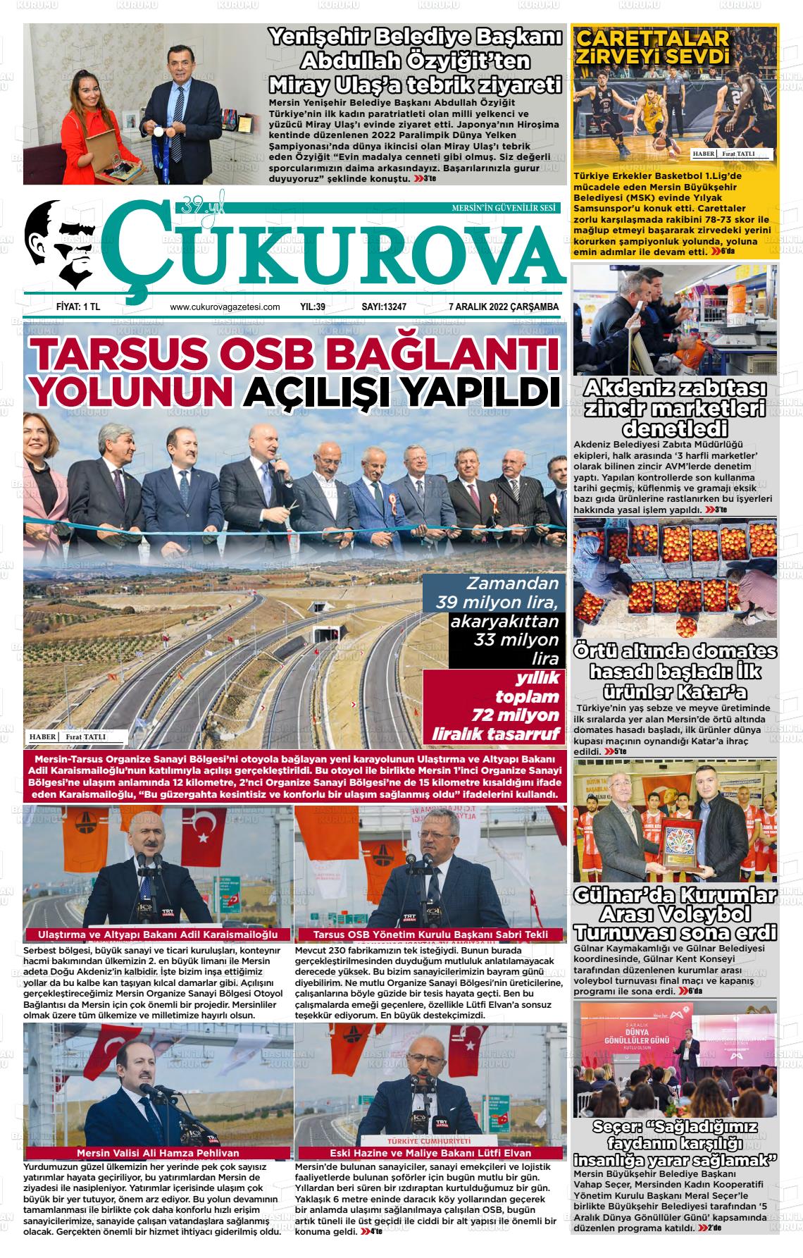 07 Aralık 2022 Çukurova Gazete Manşeti