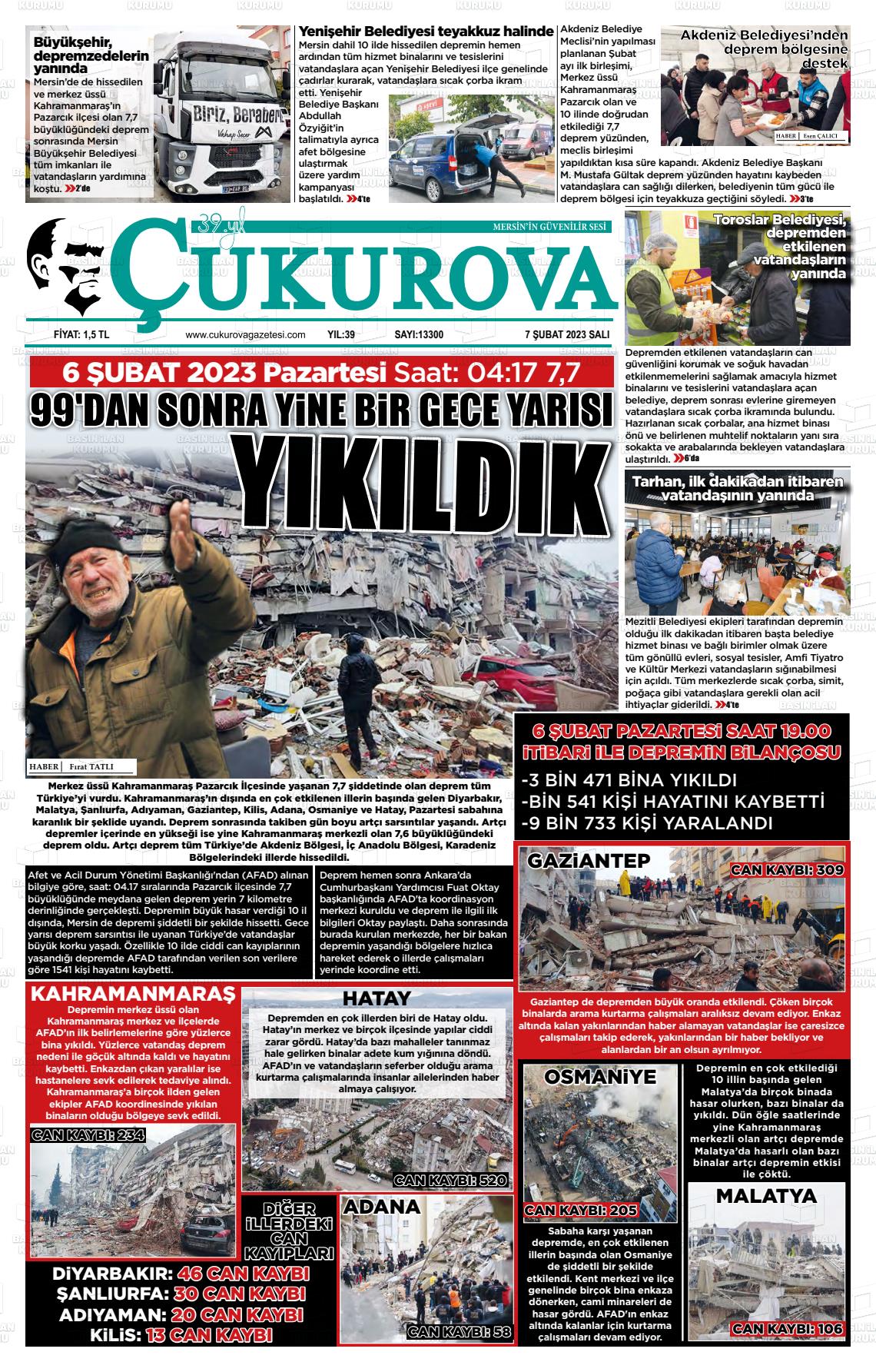 07 Şubat 2023 Çukurova Gazete Manşeti