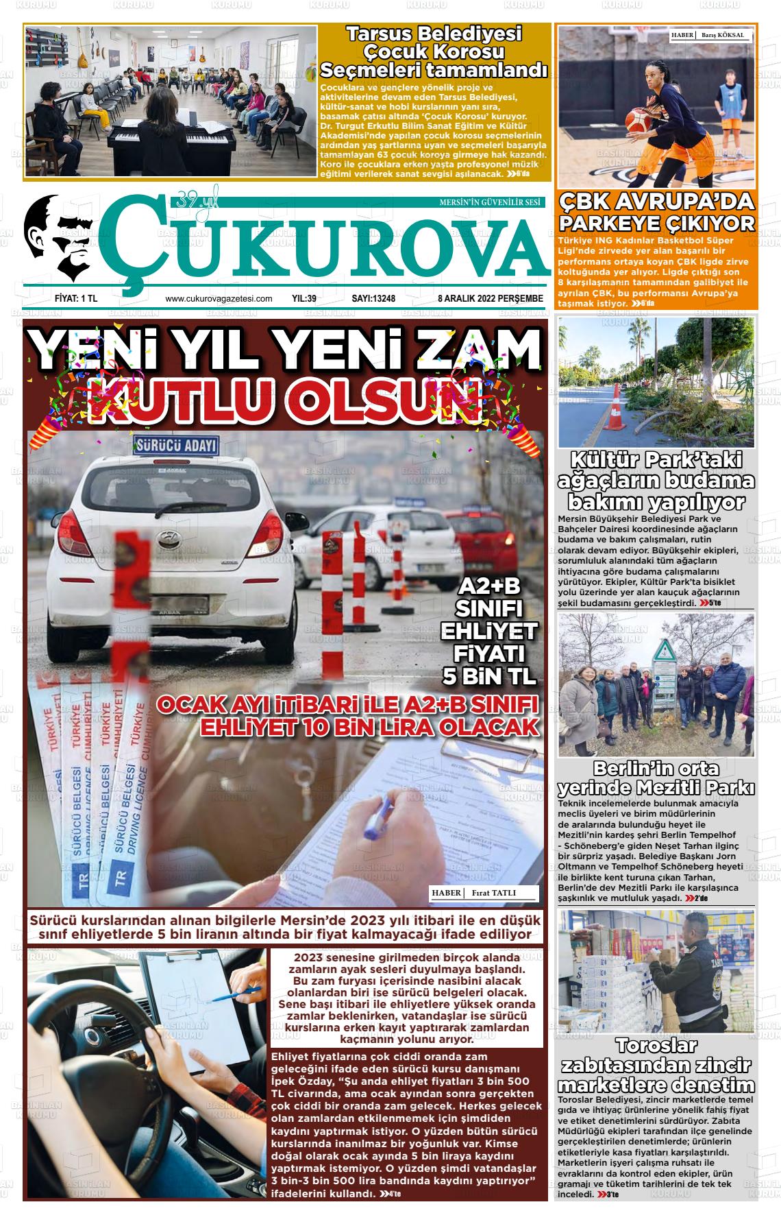 08 Aralık 2022 Çukurova Gazete Manşeti
