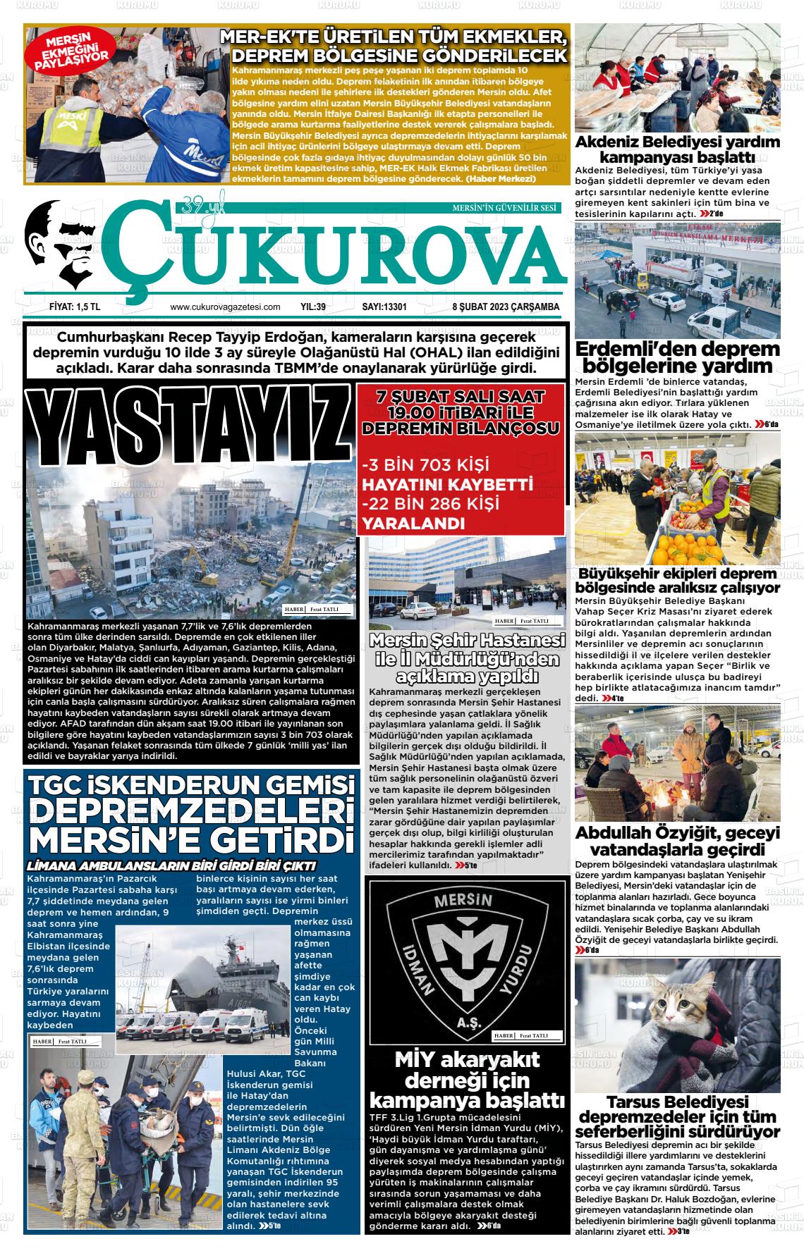 08 Şubat 2023 Çukurova Gazete Manşeti