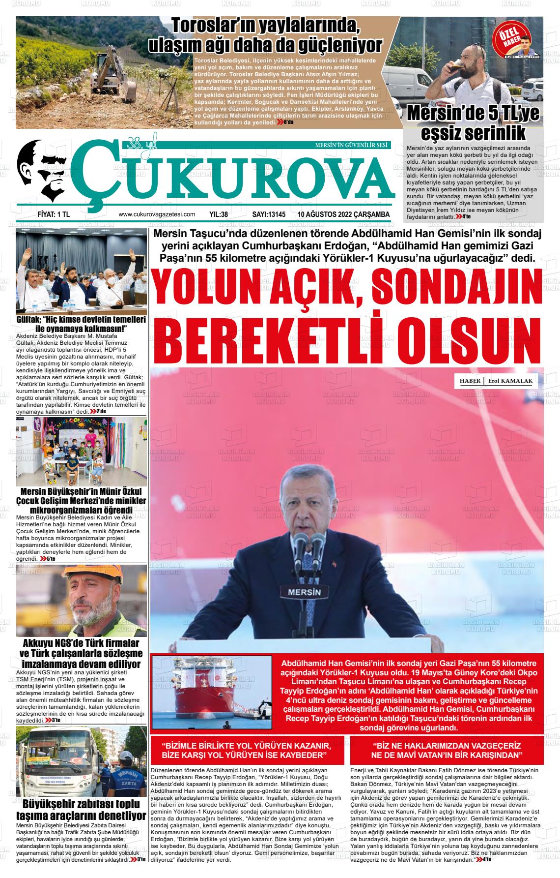 10 Ağustos 2022 Çukurova Gazete Manşeti