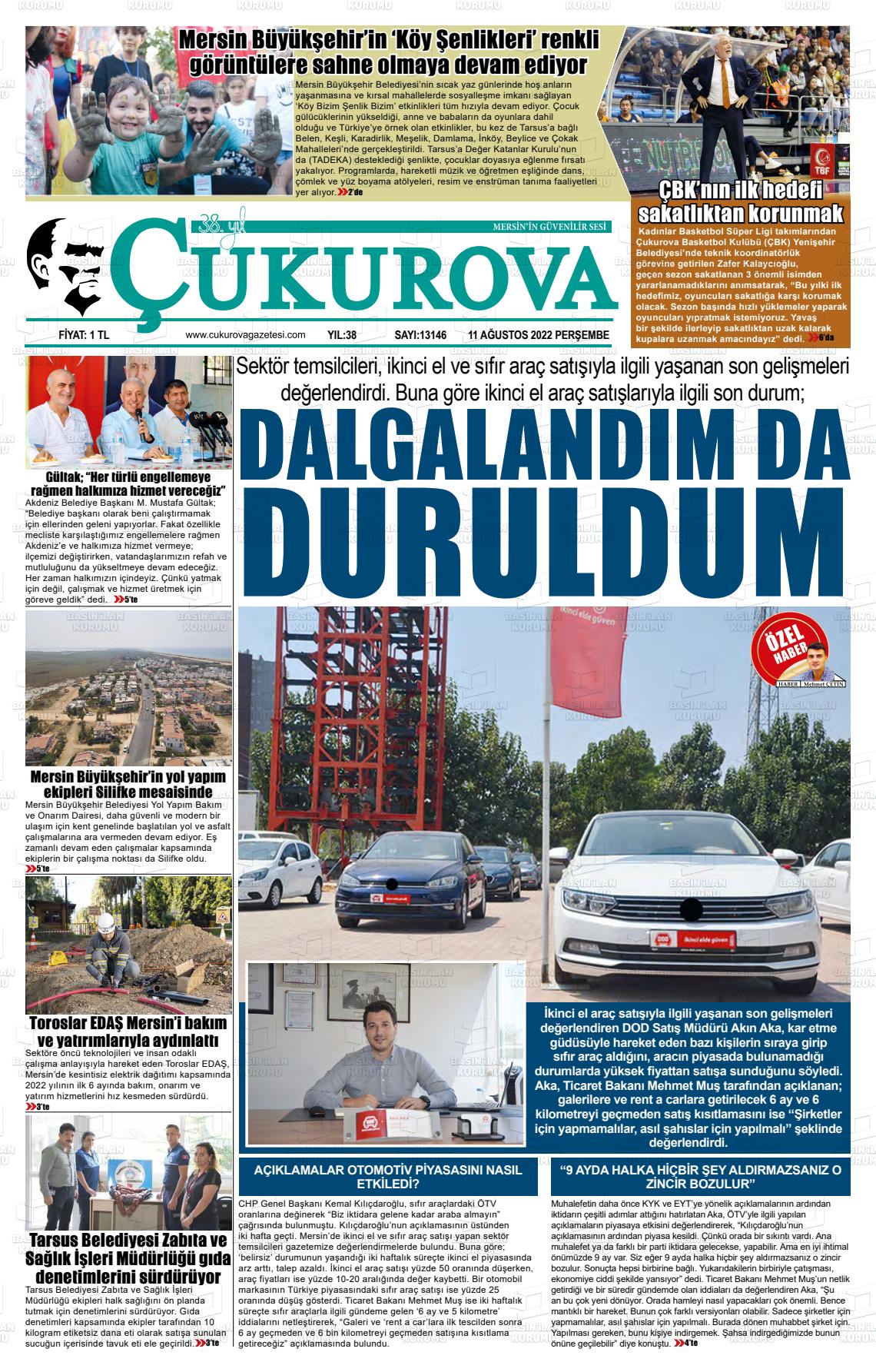 11 Ağustos 2022 Çukurova Gazete Manşeti