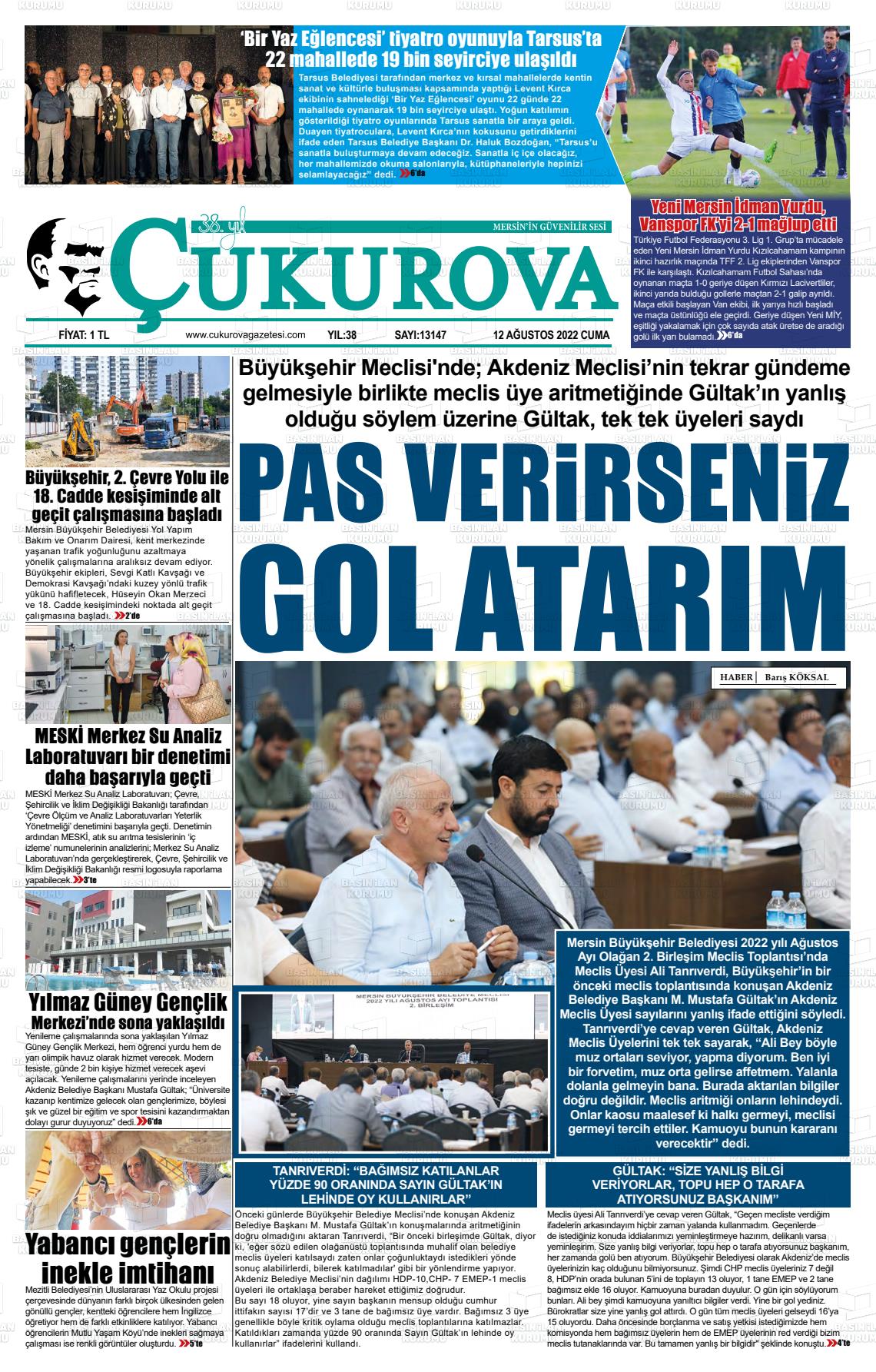 12 Ağustos 2022 Çukurova Gazete Manşeti