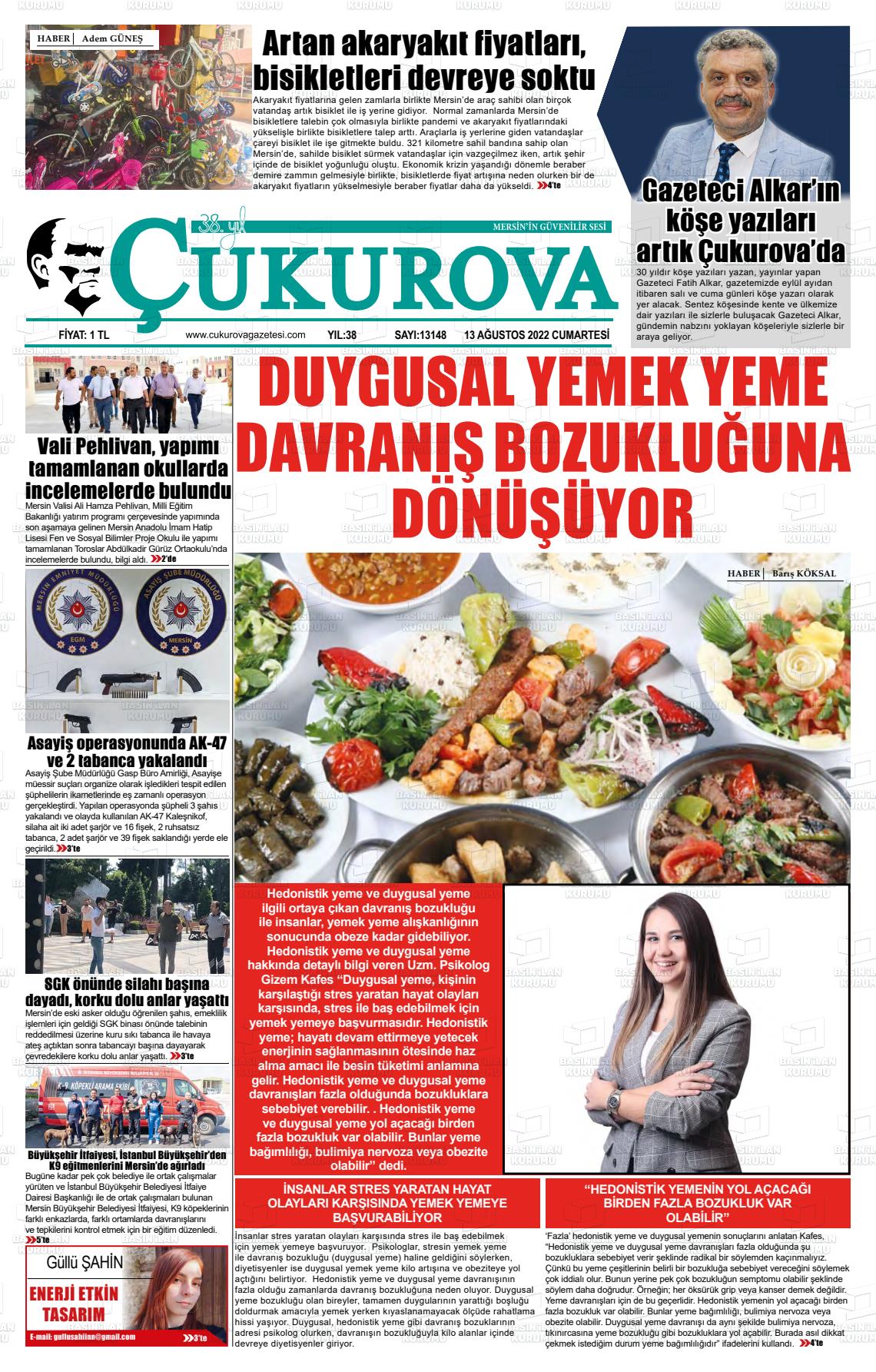 13 Ağustos 2022 Çukurova Gazete Manşeti