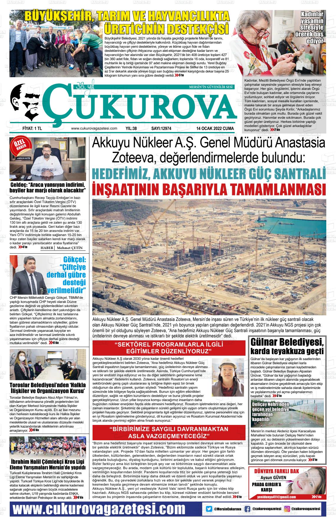14 Ocak 2022 Çukurova Gazete Manşeti