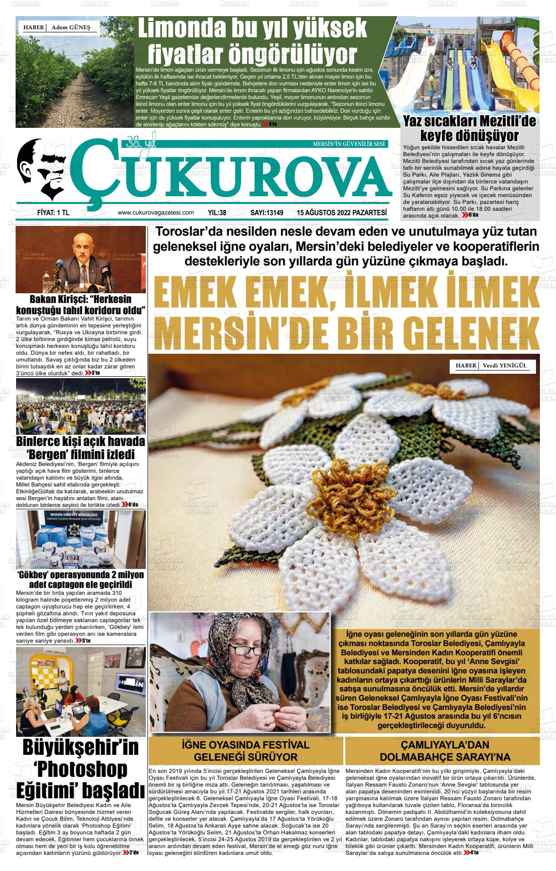 15 Ağustos 2022 Çukurova Gazete Manşeti