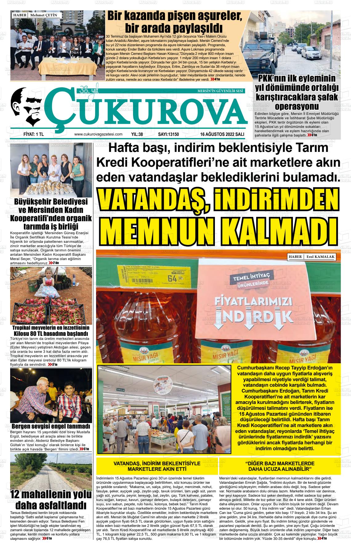 16 Ağustos 2022 Çukurova Gazete Manşeti