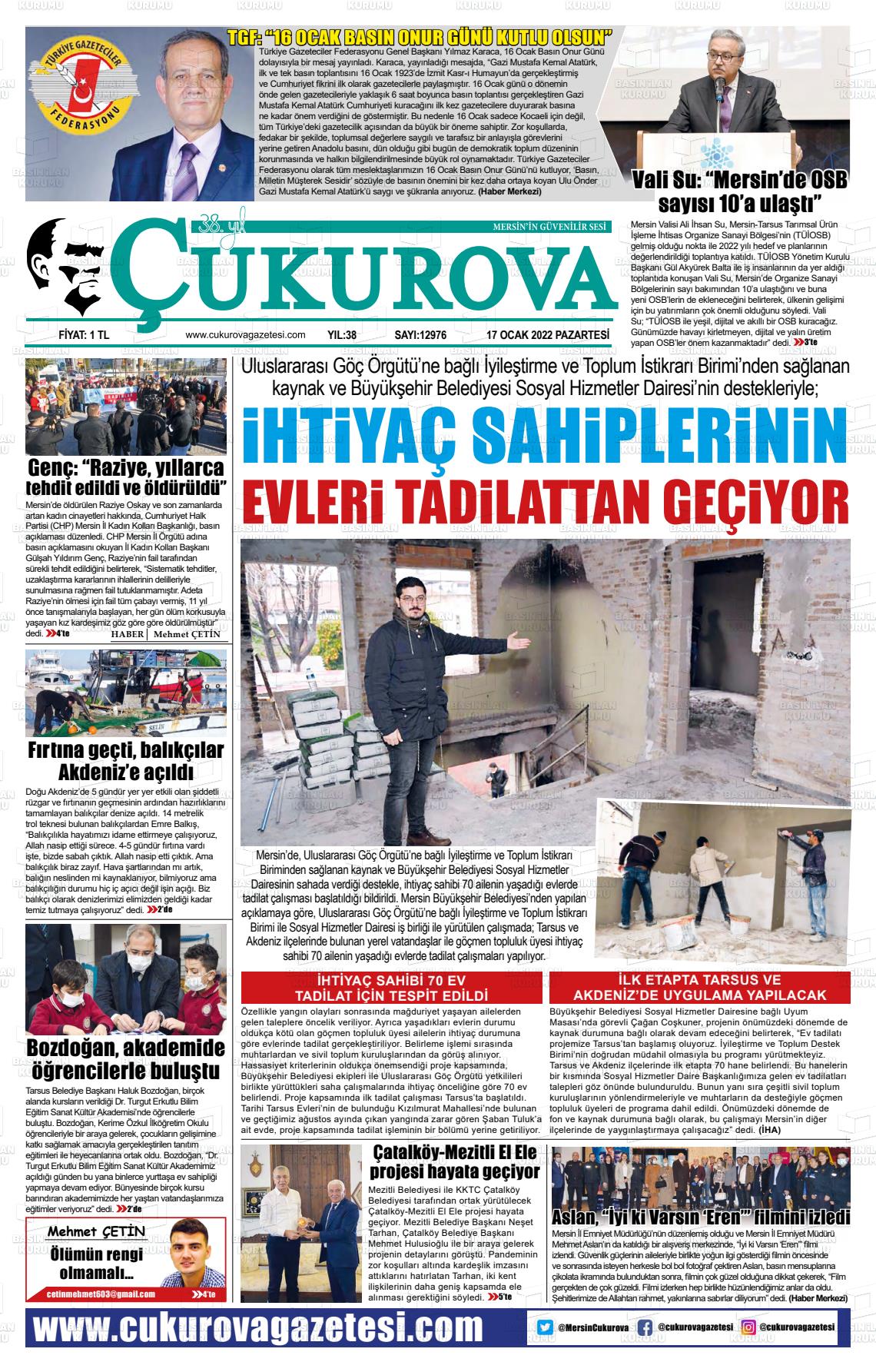 17 Ocak 2022 Çukurova Gazete Manşeti