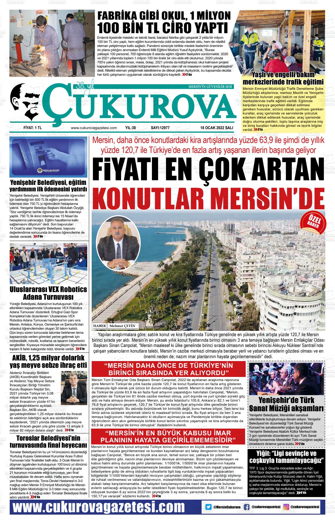 18 Ocak 2022 Çukurova Gazete Manşeti