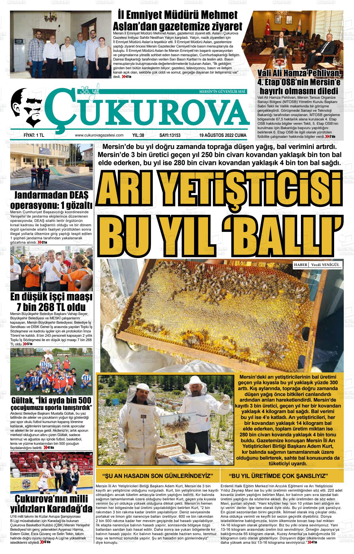 19 Ağustos 2022 Çukurova Gazete Manşeti
