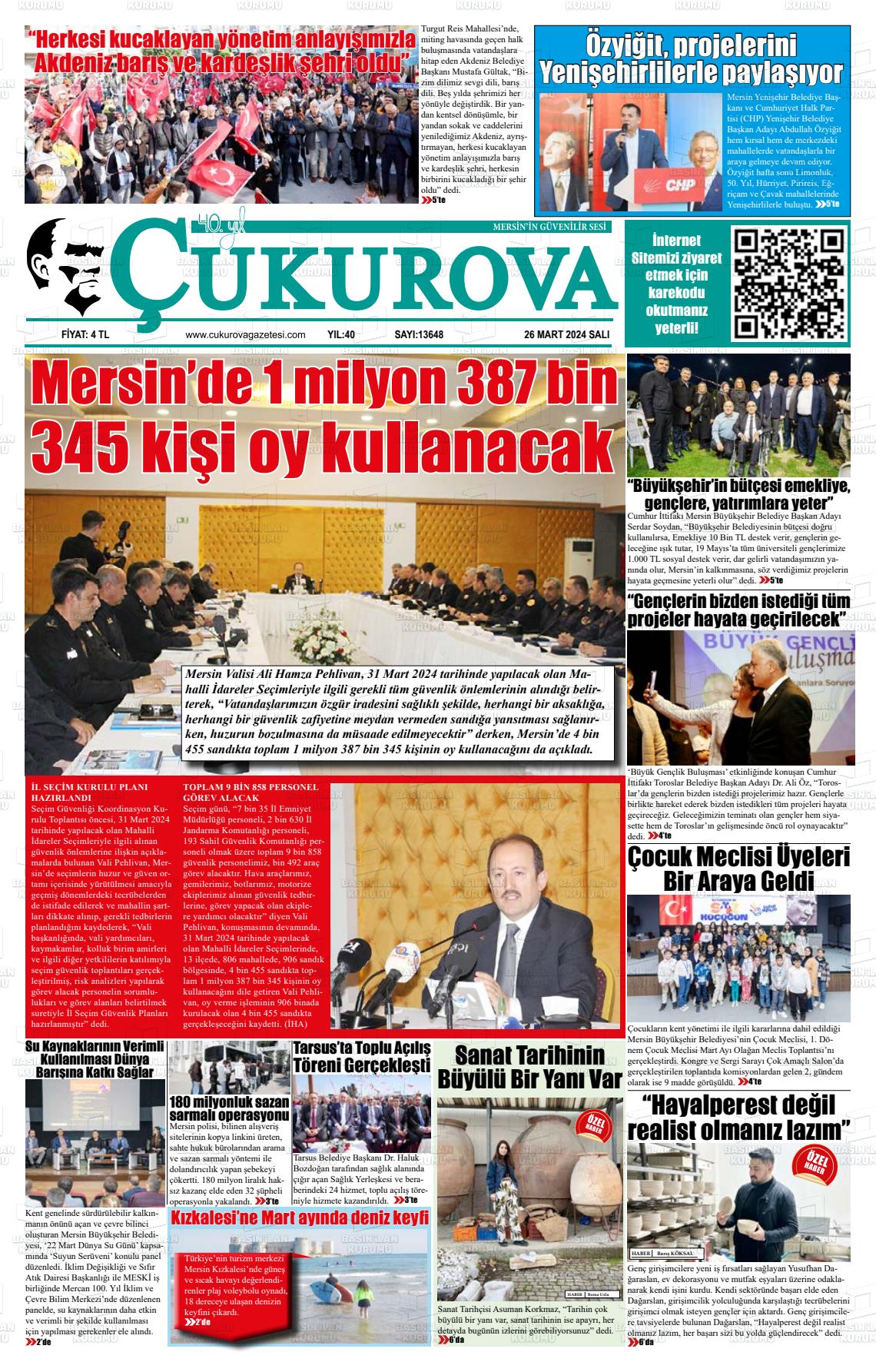 26 Mart 2024 Çukurova Gazete Manşeti