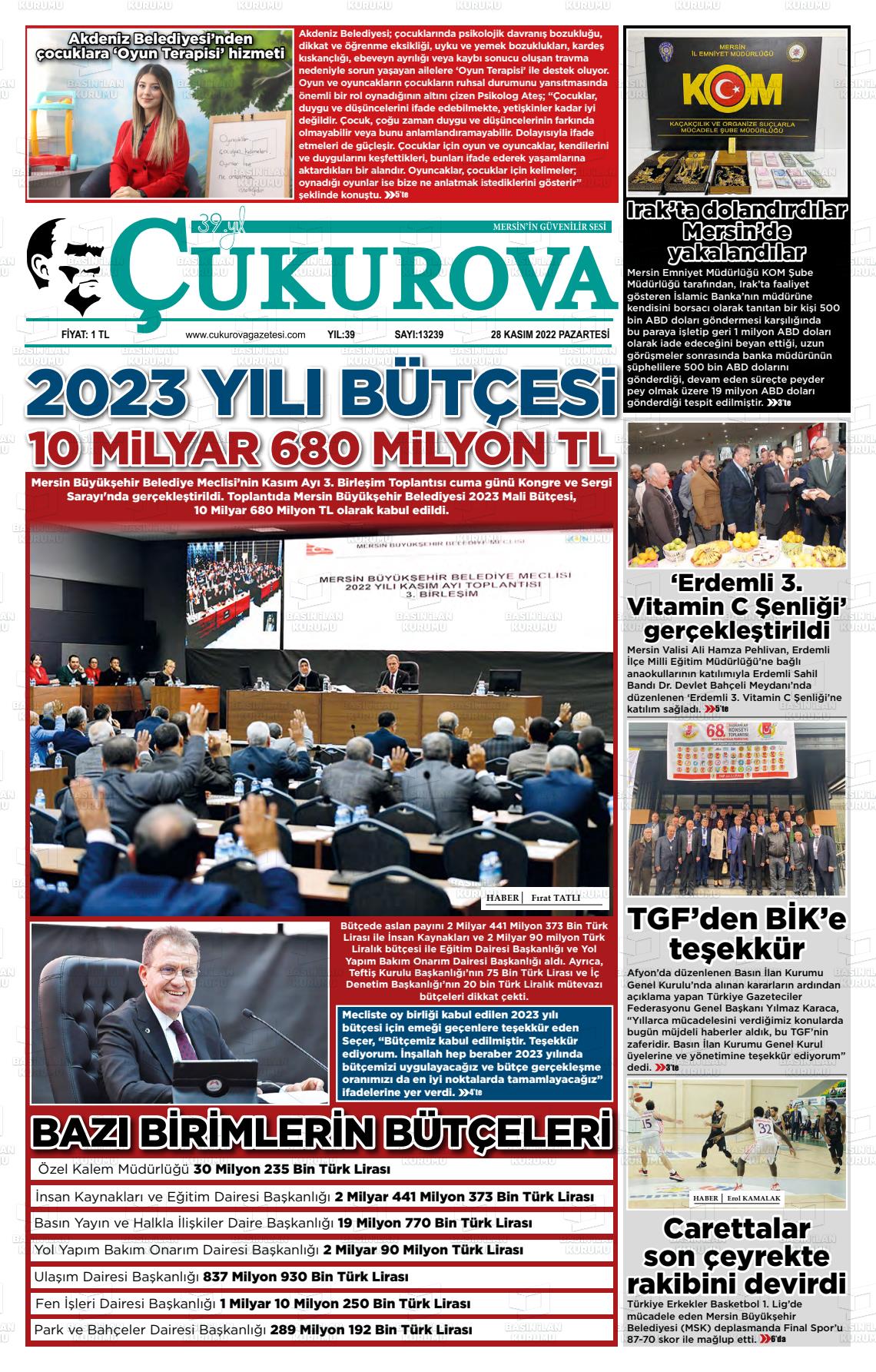 28 Kasım 2022 Çukurova Gazete Manşeti