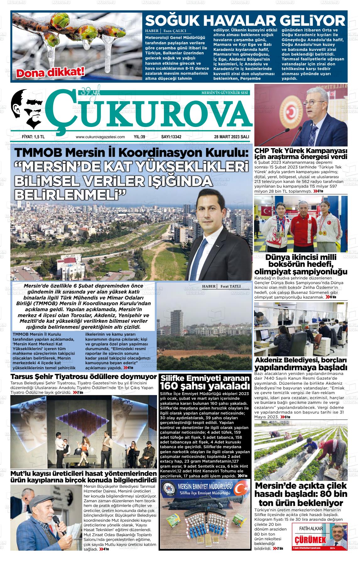28 Mart 2023 Çukurova Gazete Manşeti