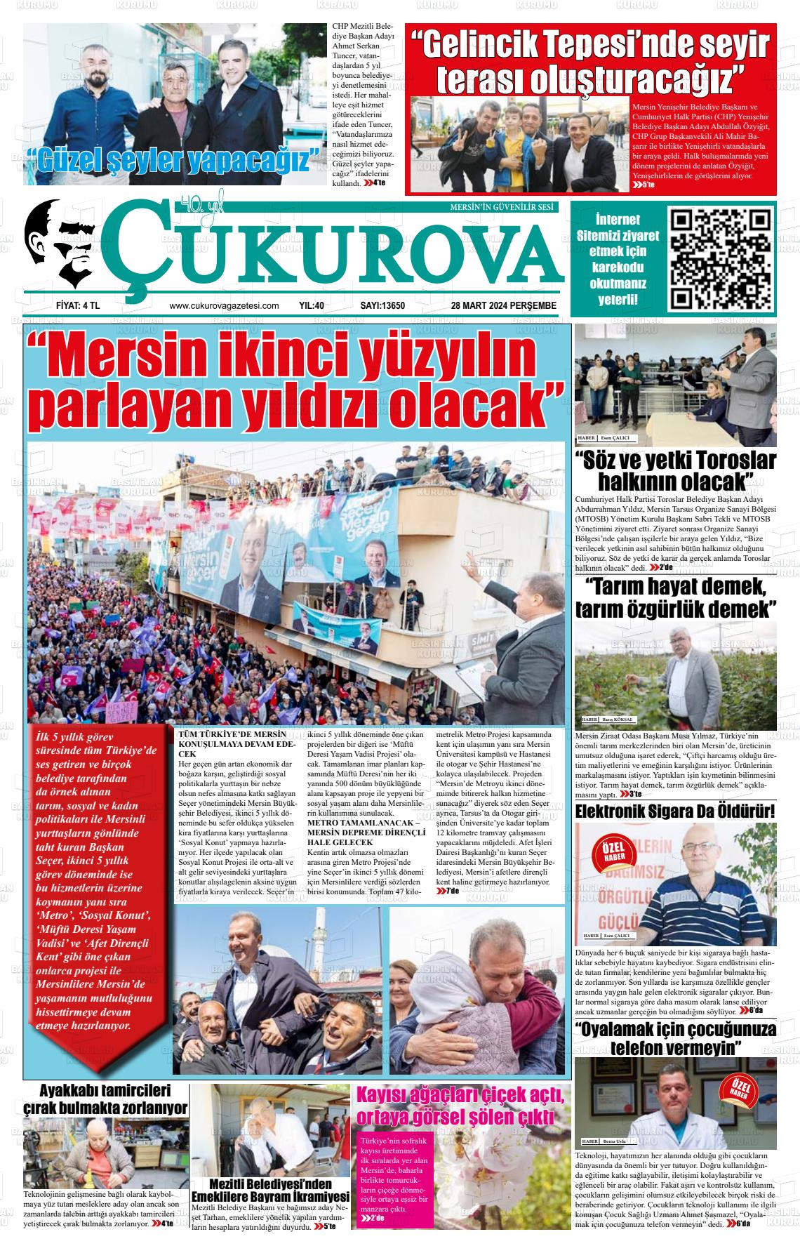 28 Mart 2024 Çukurova Gazete Manşeti