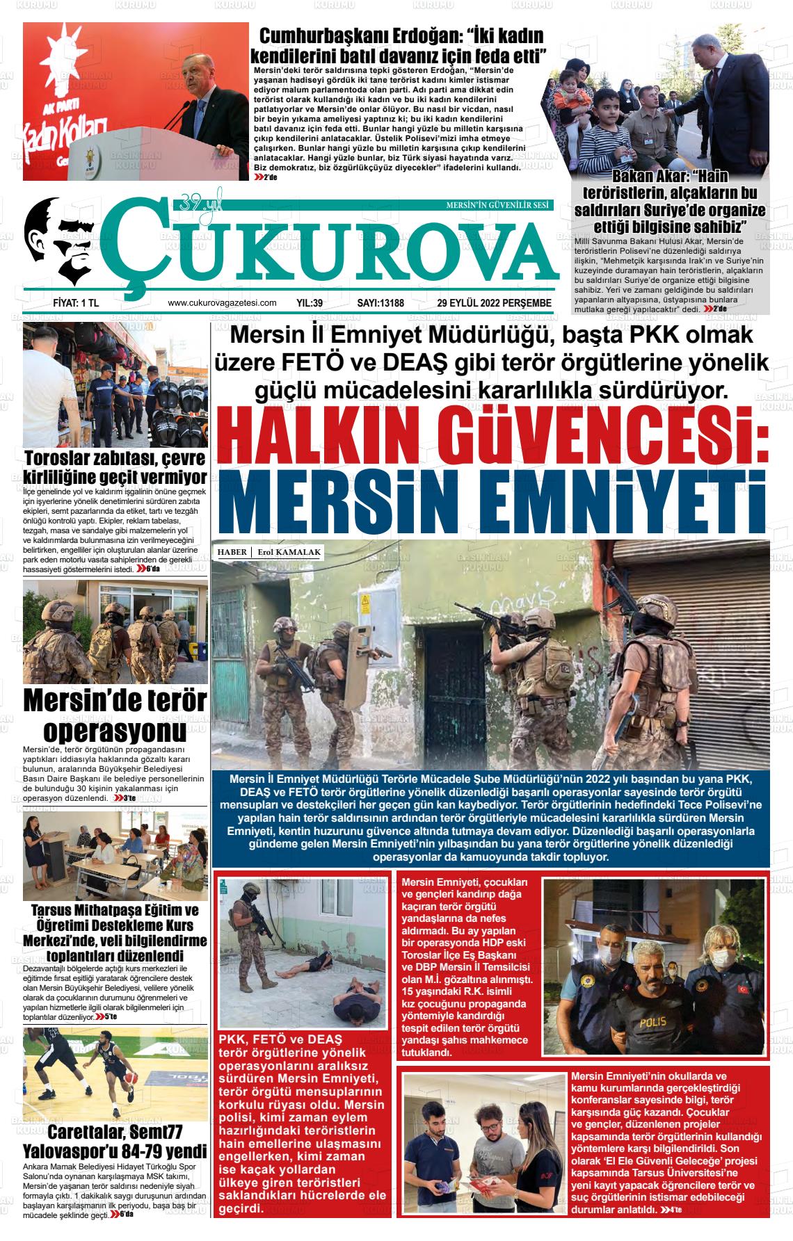 29 Eylül 2022 Çukurova Gazete Manşeti