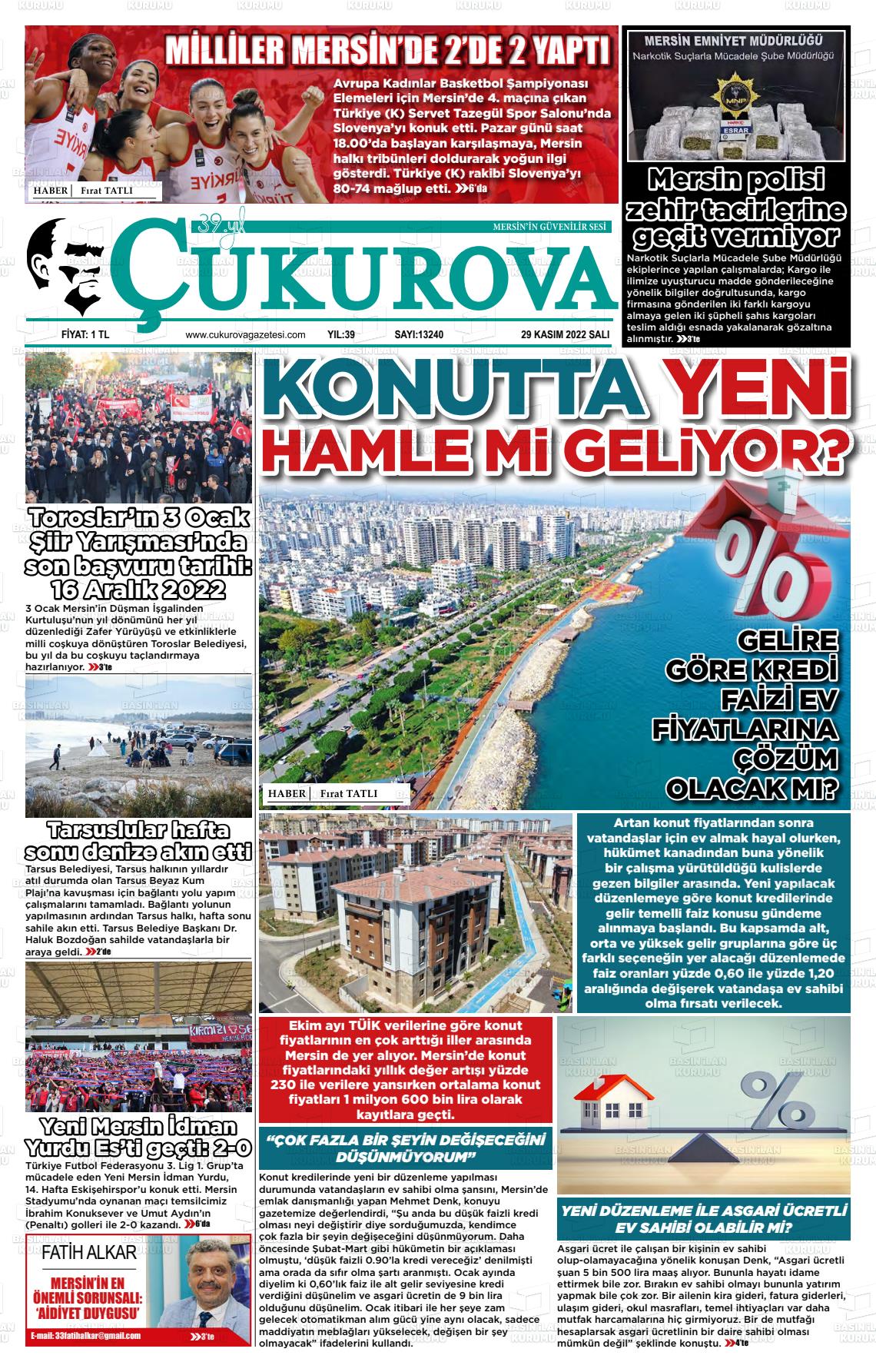 29 Kasım 2022 Çukurova Gazete Manşeti