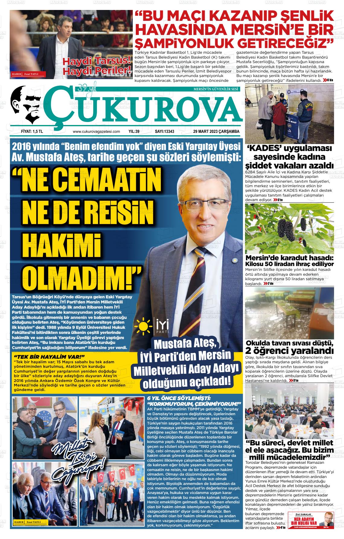 29 Mart 2023 Çukurova Gazete Manşeti