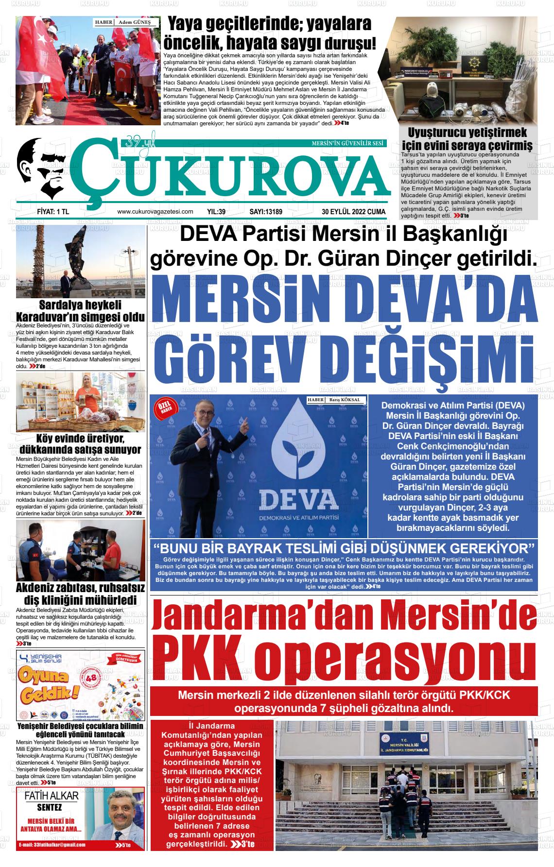 30 Eylül 2022 Çukurova Gazete Manşeti