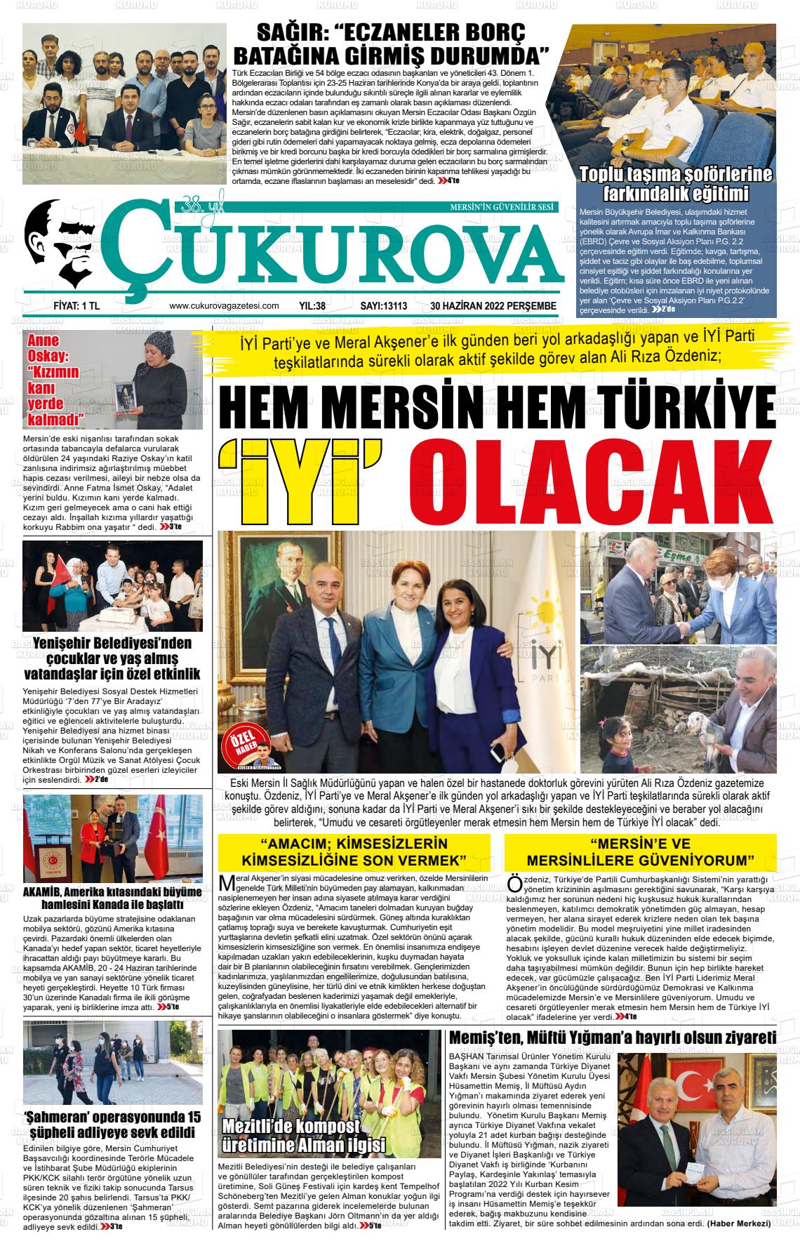 01 Temmuz 2022 Çukurova Gazete Manşeti