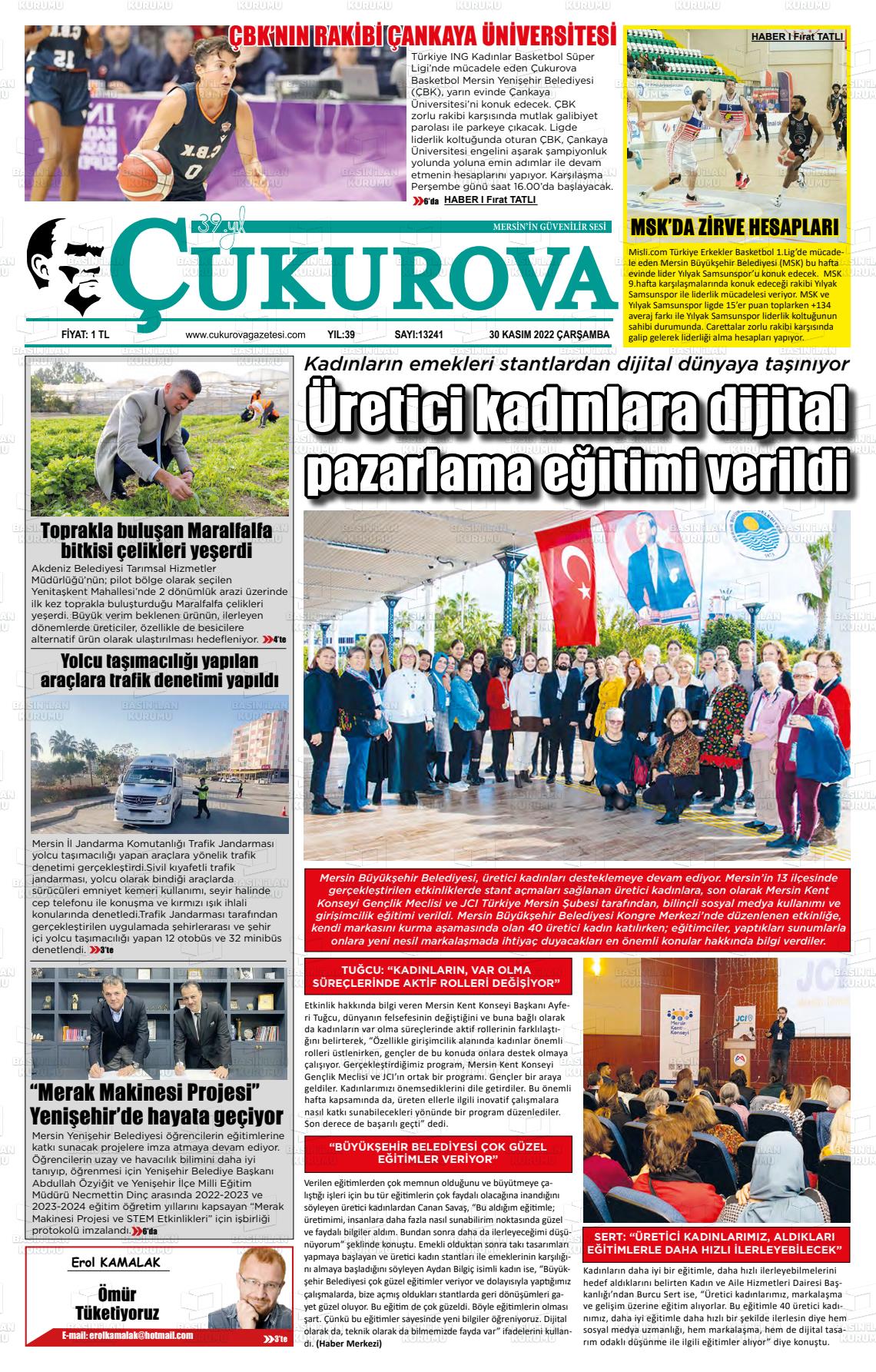 30 Kasım 2022 Çukurova Gazete Manşeti