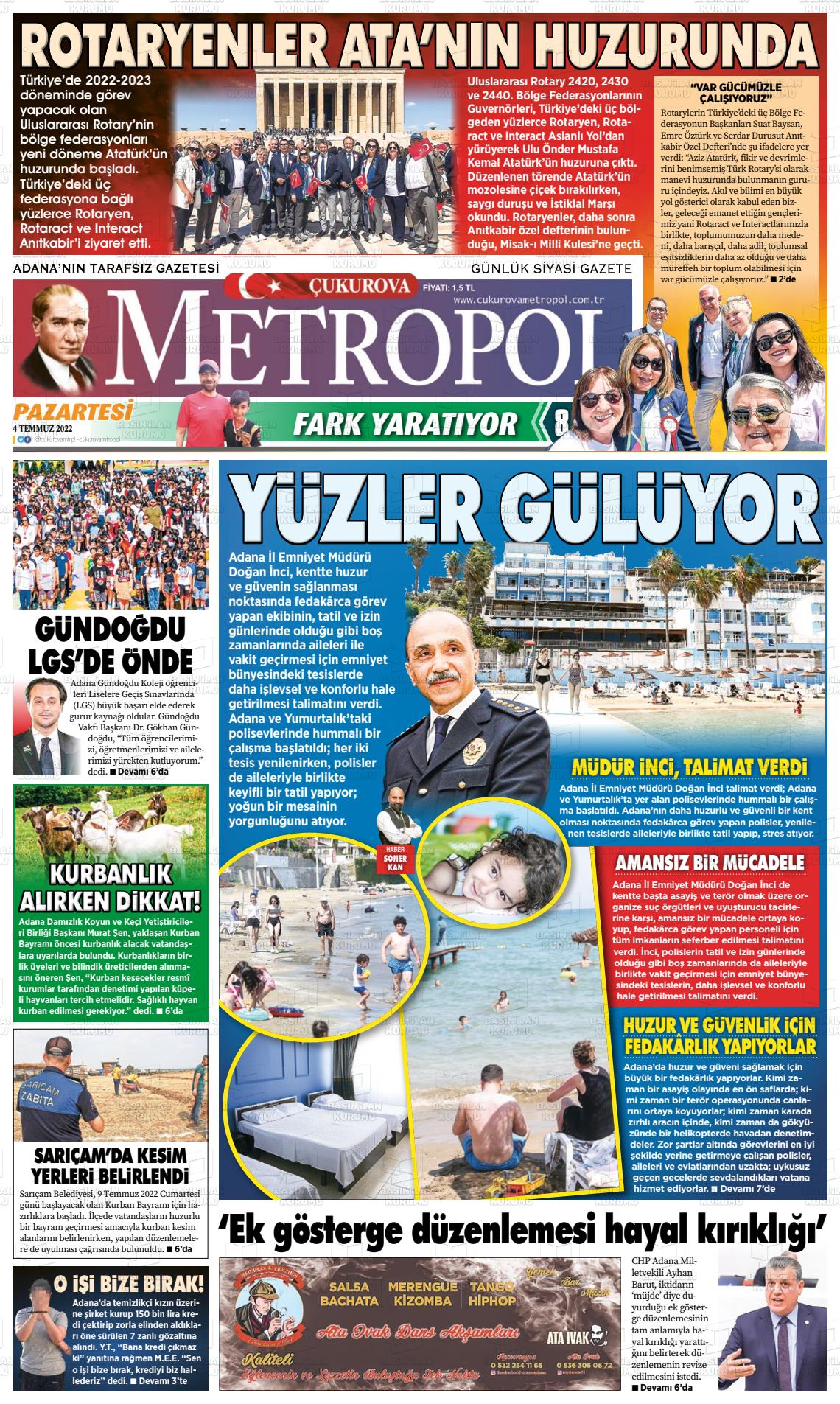 04 Temmuz 2022 Çukurova Metropol Gazete Manşeti