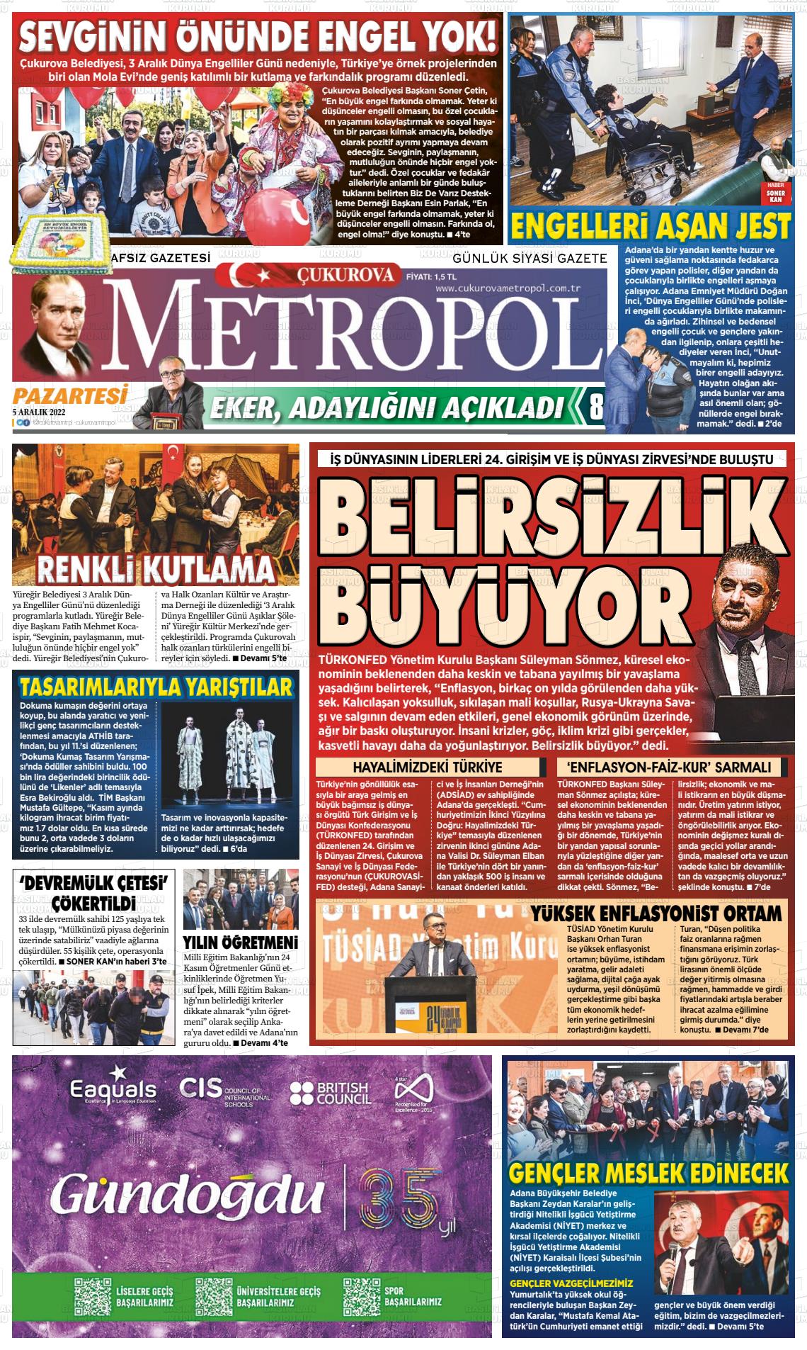 05 Aralık 2022 Çukurova Metropol Gazete Manşeti
