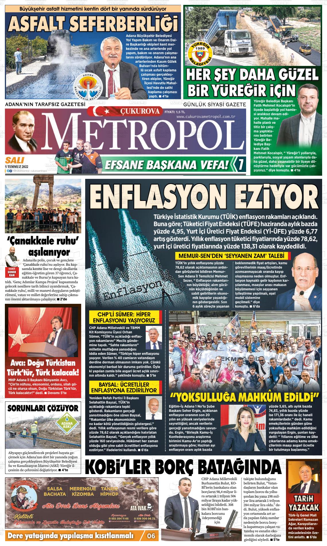 05 Temmuz 2022 Çukurova Metropol Gazete Manşeti