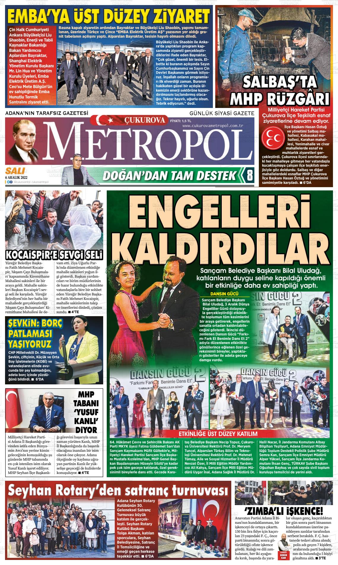 06 Aralık 2022 Çukurova Metropol Gazete Manşeti