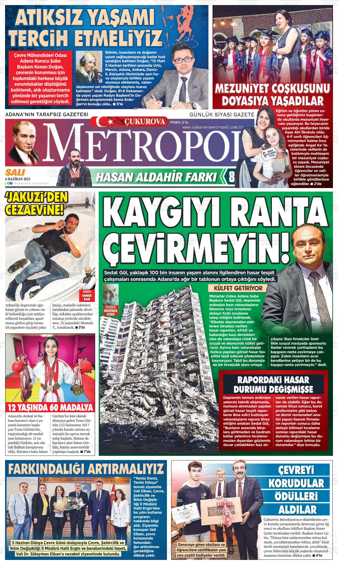06 Haziran 2023 Çukurova Metropol Gazete Manşeti