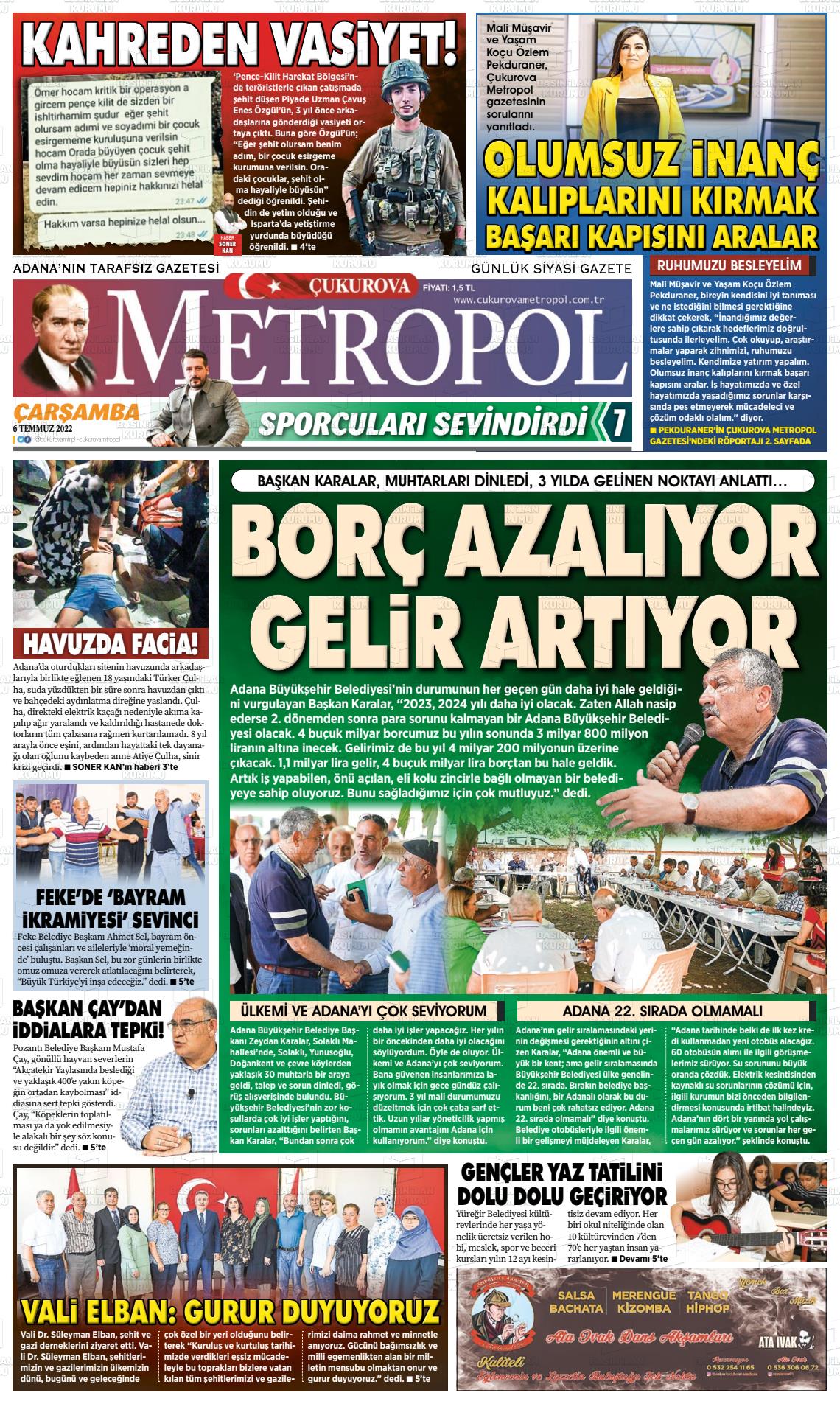 06 Temmuz 2022 Çukurova Metropol Gazete Manşeti