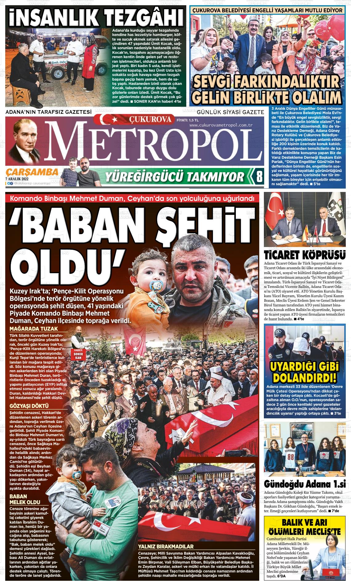 07 Aralık 2022 Çukurova Metropol Gazete Manşeti
