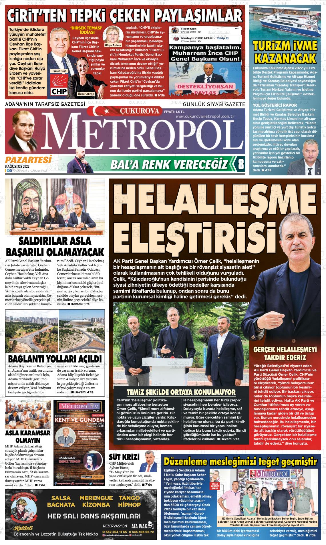 08 Ağustos 2022 Çukurova Metropol Gazete Manşeti
