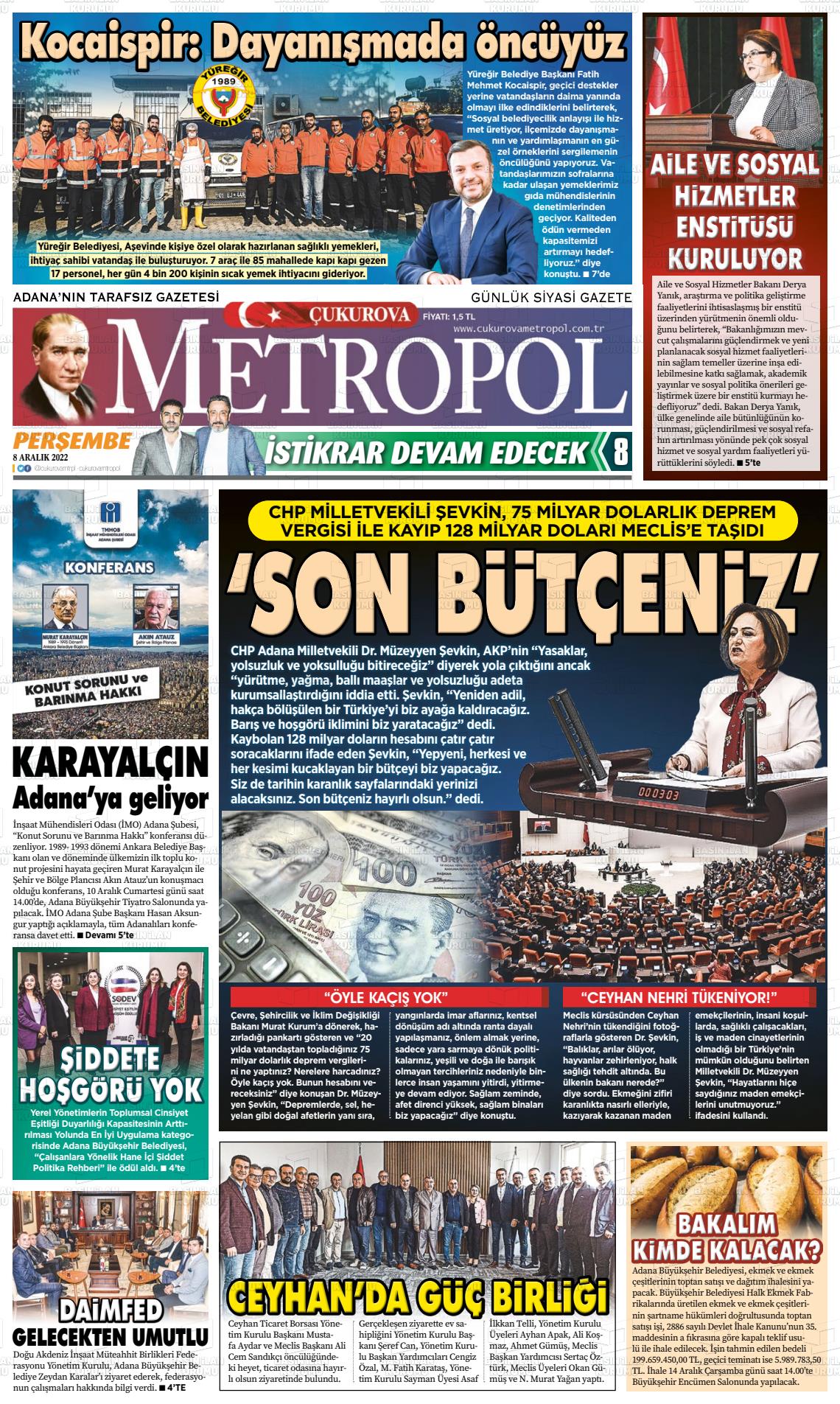 08 Aralık 2022 Çukurova Metropol Gazete Manşeti