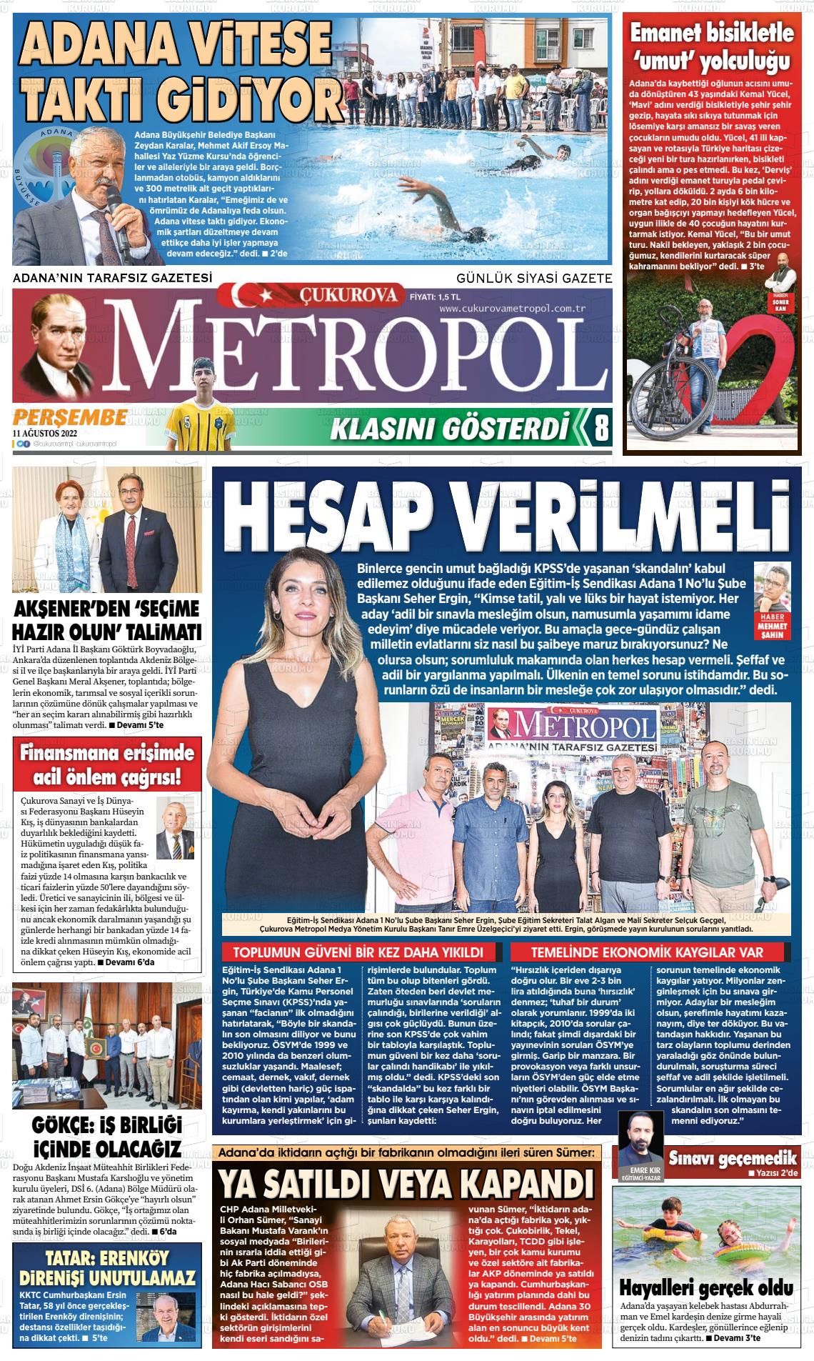 11 Ağustos 2022 Çukurova Metropol Gazete Manşeti
