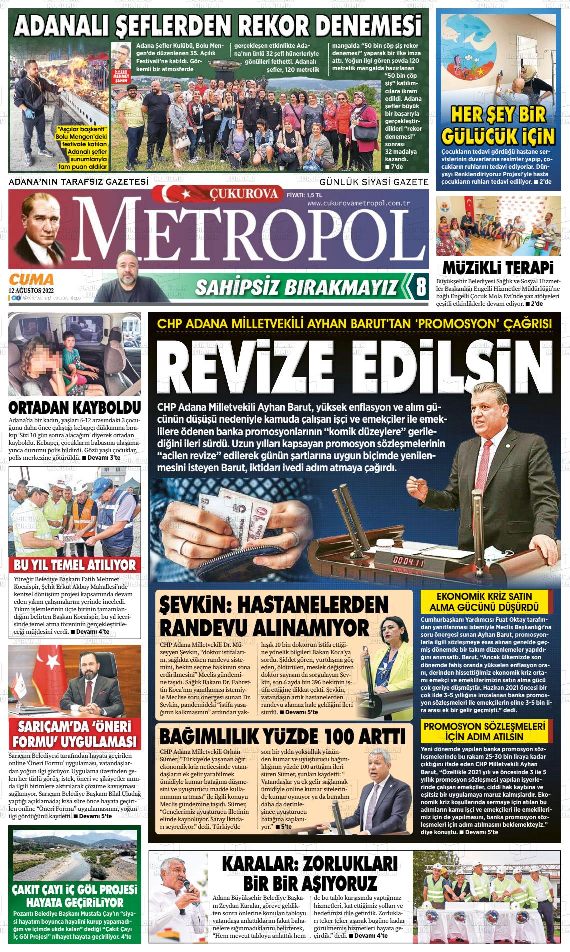 12 Ağustos 2022 Çukurova Metropol Gazete Manşeti