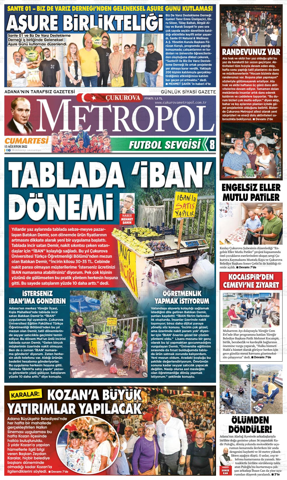 13 Ağustos 2022 Çukurova Metropol Gazete Manşeti