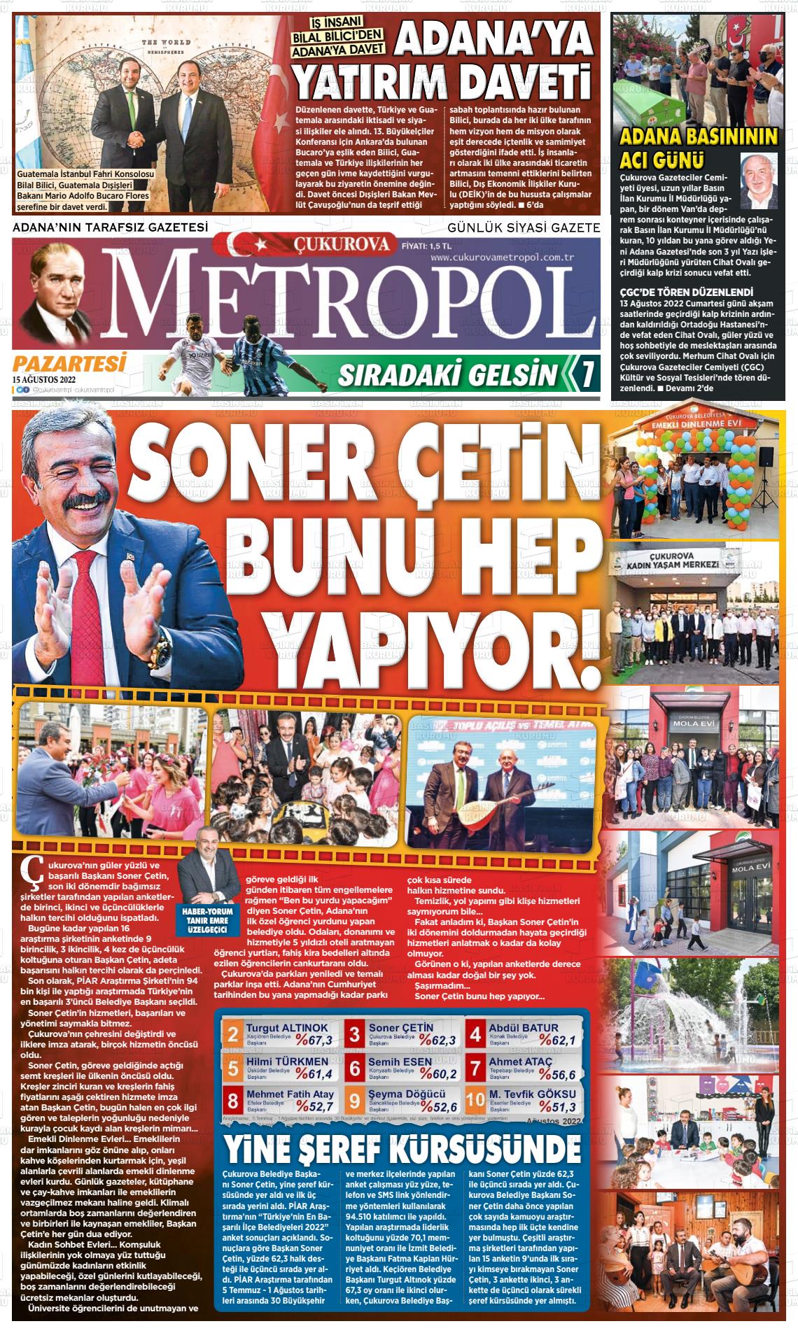15 Ağustos 2022 Çukurova Metropol Gazete Manşeti