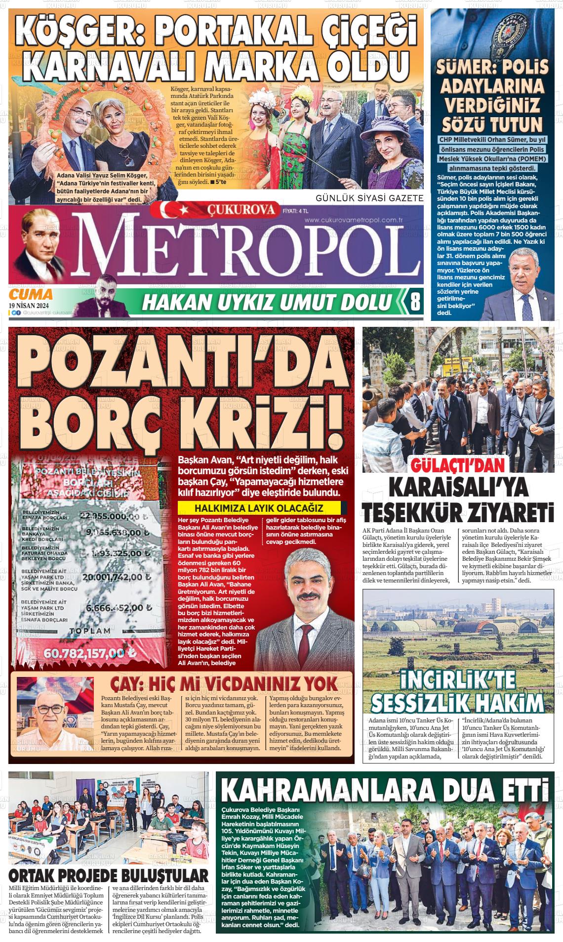19 Nisan 2024 Çukurova Metropol Gazete Manşeti
