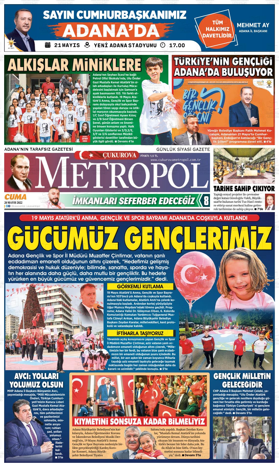 20 Mayıs 2022 Çukurova Metropol Gazete Manşeti