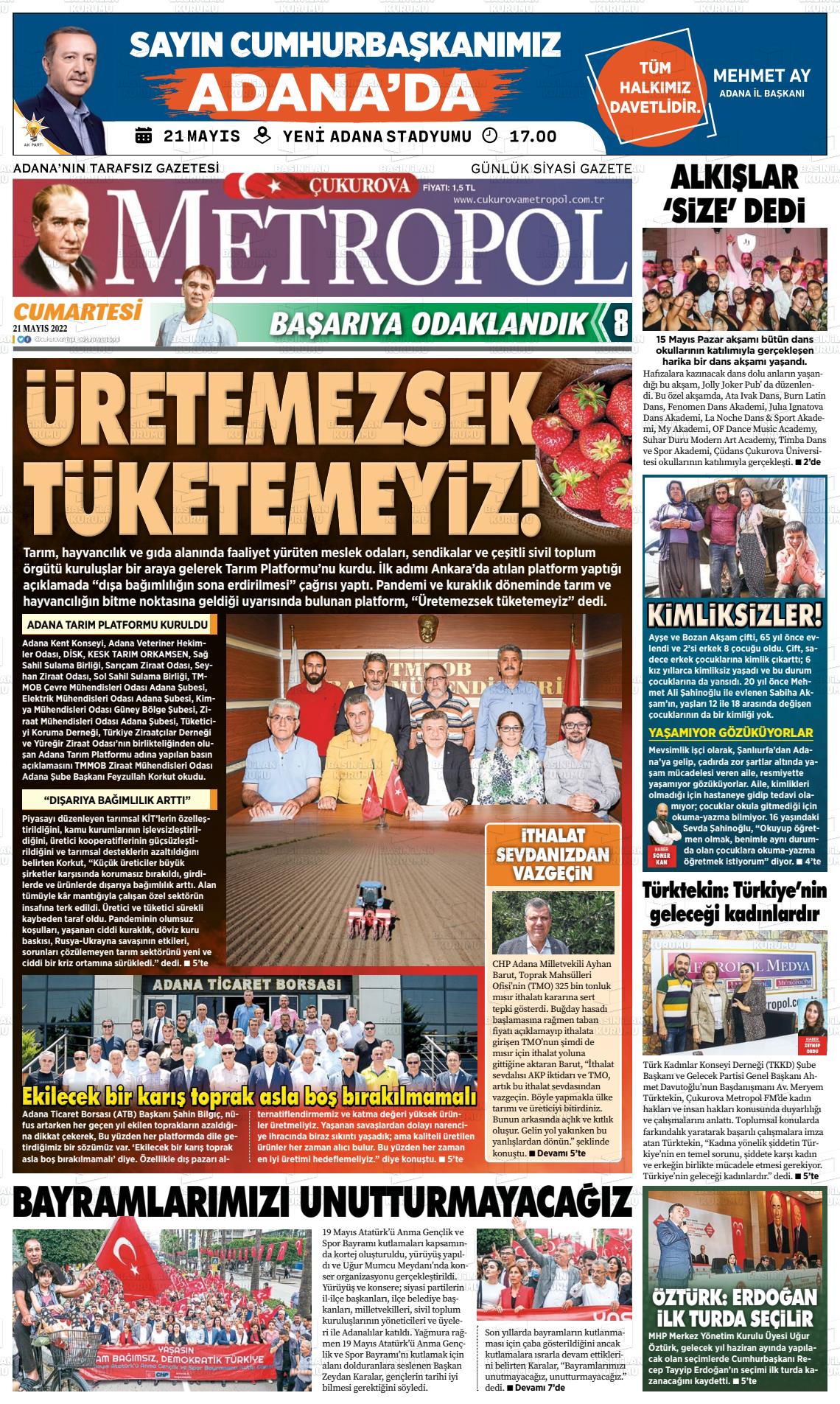 21 Mayıs 2022 Çukurova Metropol Gazete Manşeti