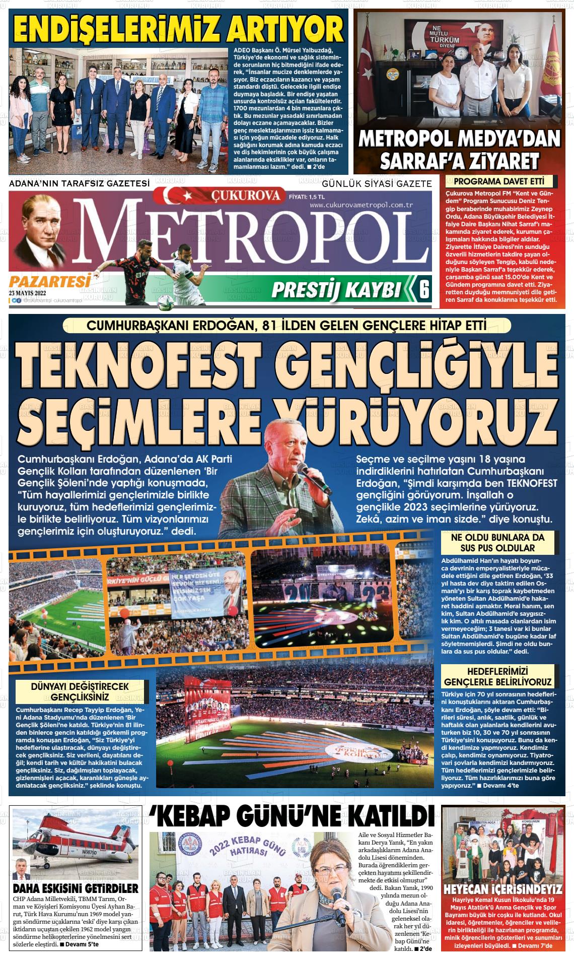23 Mayıs 2022 Çukurova Metropol Gazete Manşeti