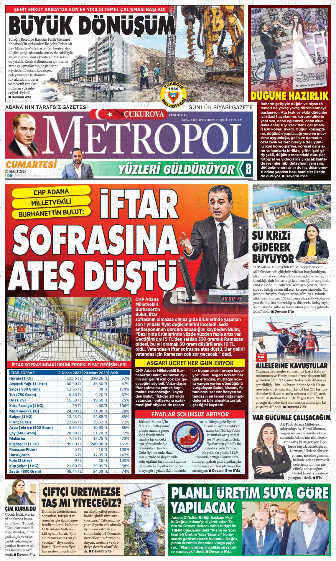 25 Mart 2023 Çukurova Metropol Gazete Manşeti