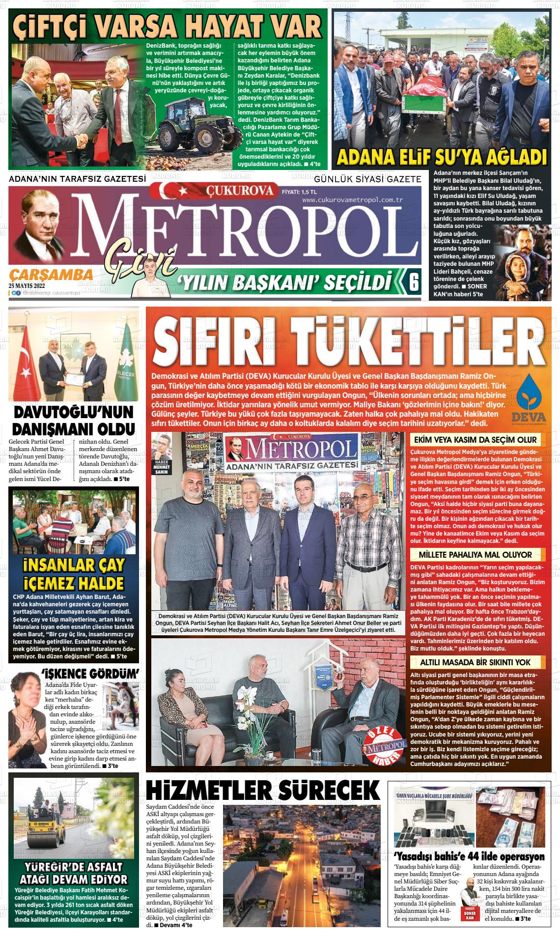25 Mayıs 2022 Çukurova Metropol Gazete Manşeti