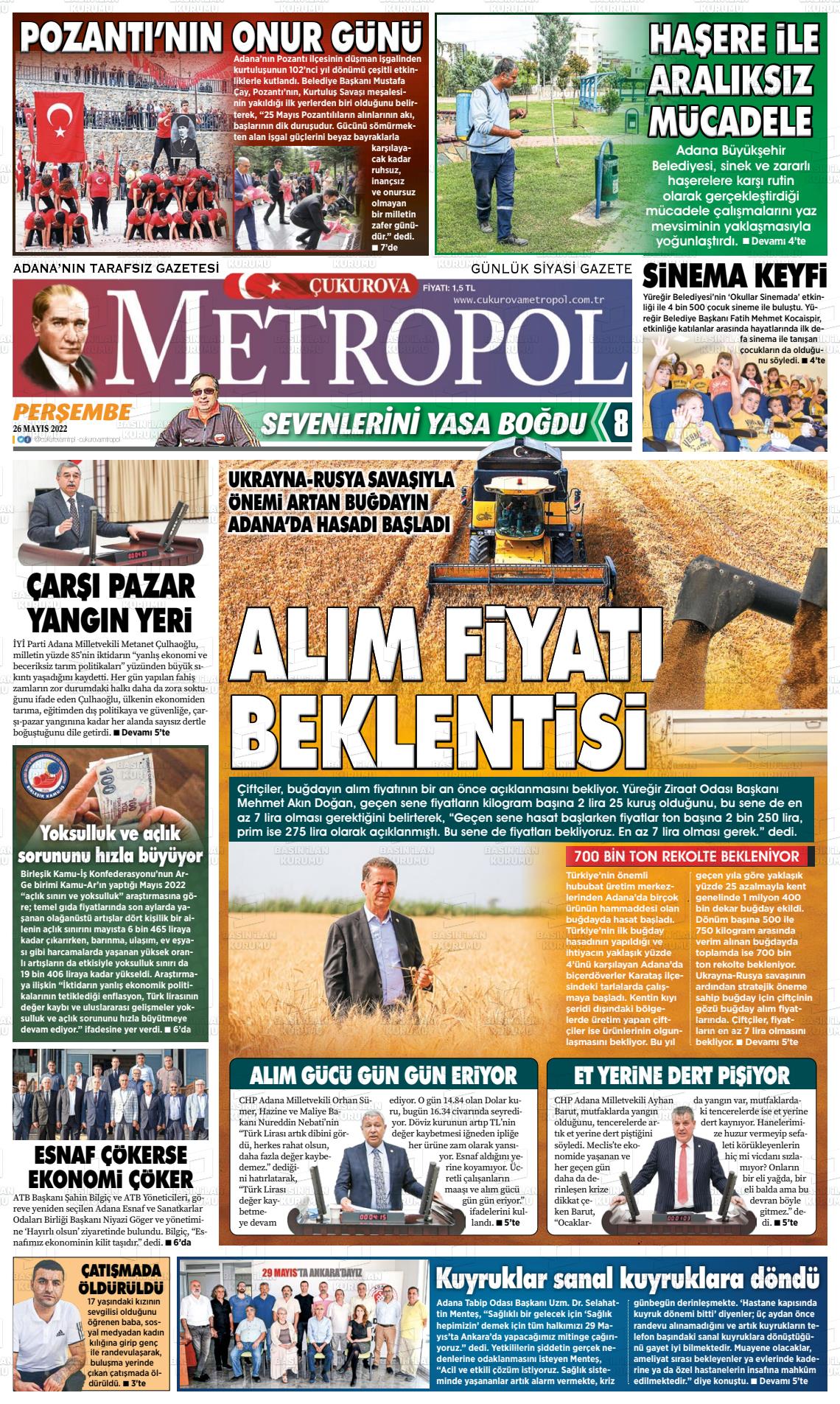 26 Mayıs 2022 Çukurova Metropol Gazete Manşeti