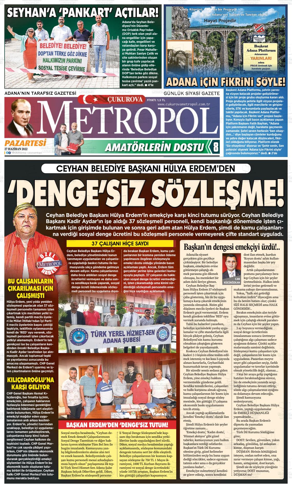 27 Haziran 2022 Çukurova Metropol Gazete Manşeti