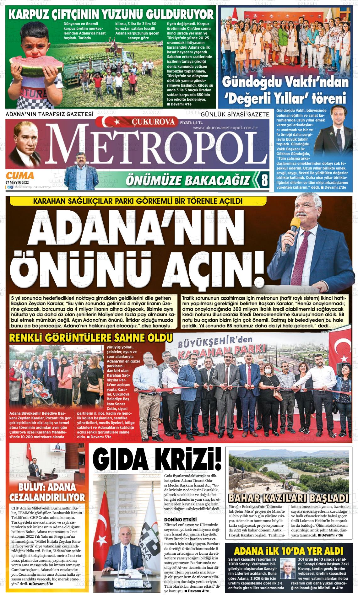 27 Mayıs 2022 Çukurova Metropol Gazete Manşeti