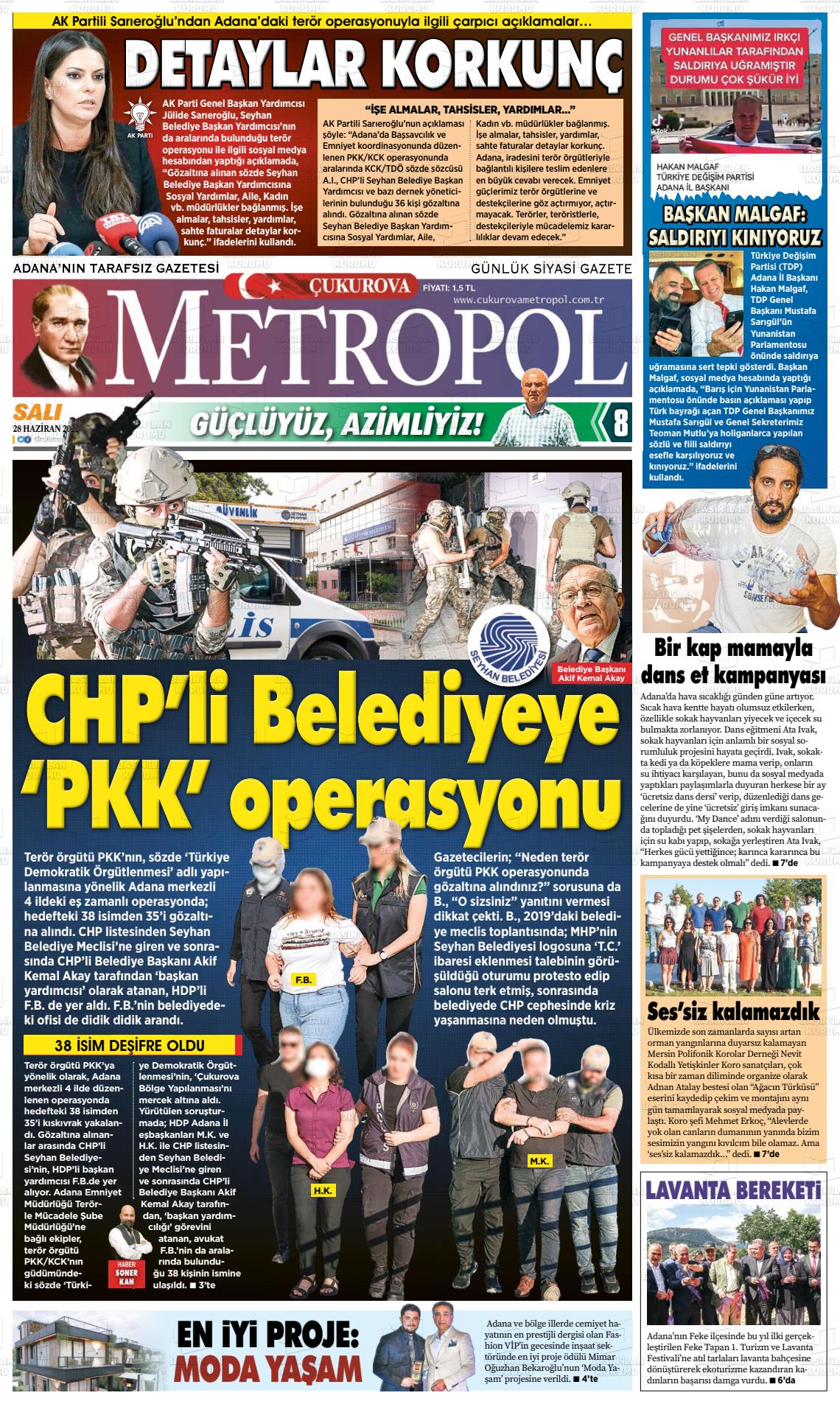 28 Haziran 2022 Çukurova Metropol Gazete Manşeti