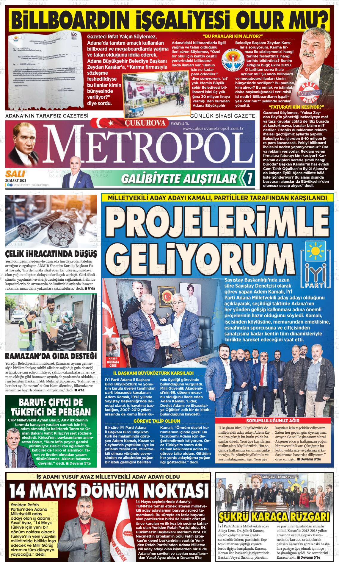 28 Mart 2023 Çukurova Metropol Gazete Manşeti