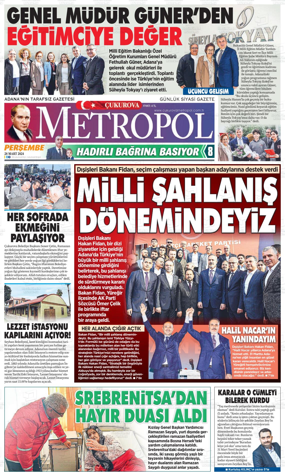 28 Mart 2024 Çukurova Metropol Gazete Manşeti