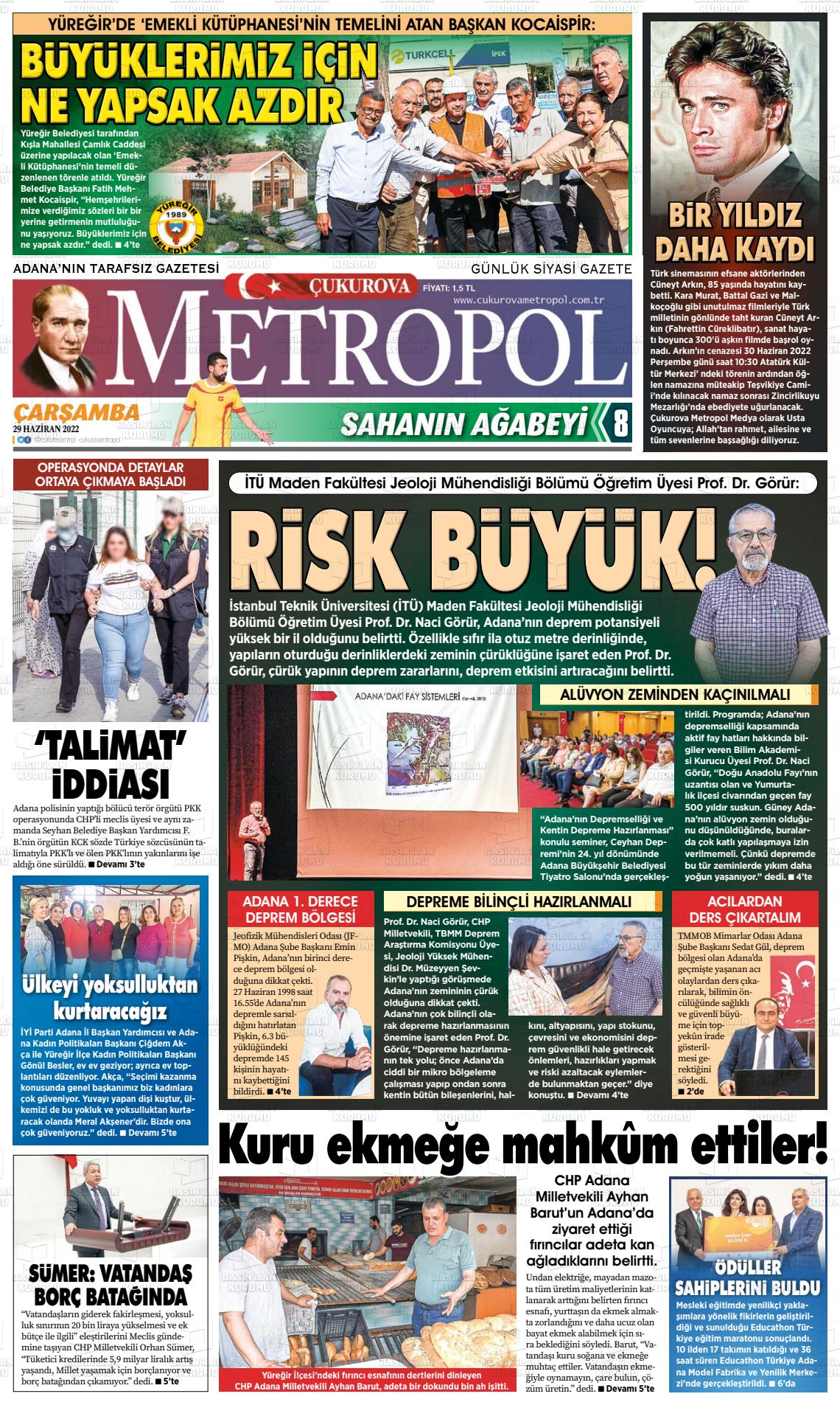 29 Haziran 2022 Çukurova Metropol Gazete Manşeti